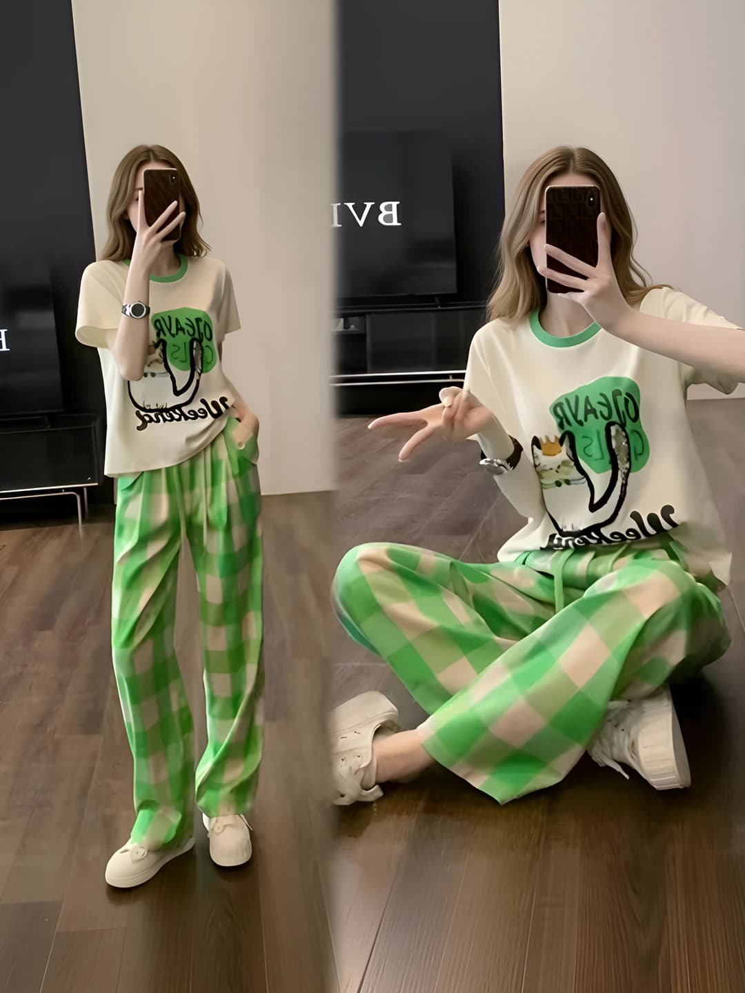 Женский повседневный комплект из двух предметов на лето и весну: топ без рукавов и клетчатые брюки, свободный крой, стройнящий