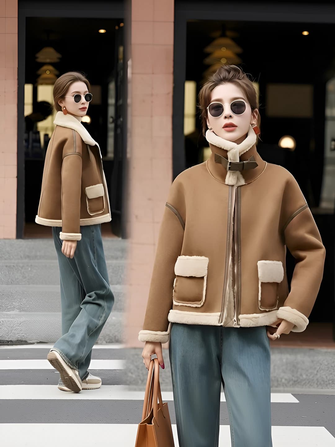 Women's winter green shearling coat, long sleeve, POLO collar, girl style