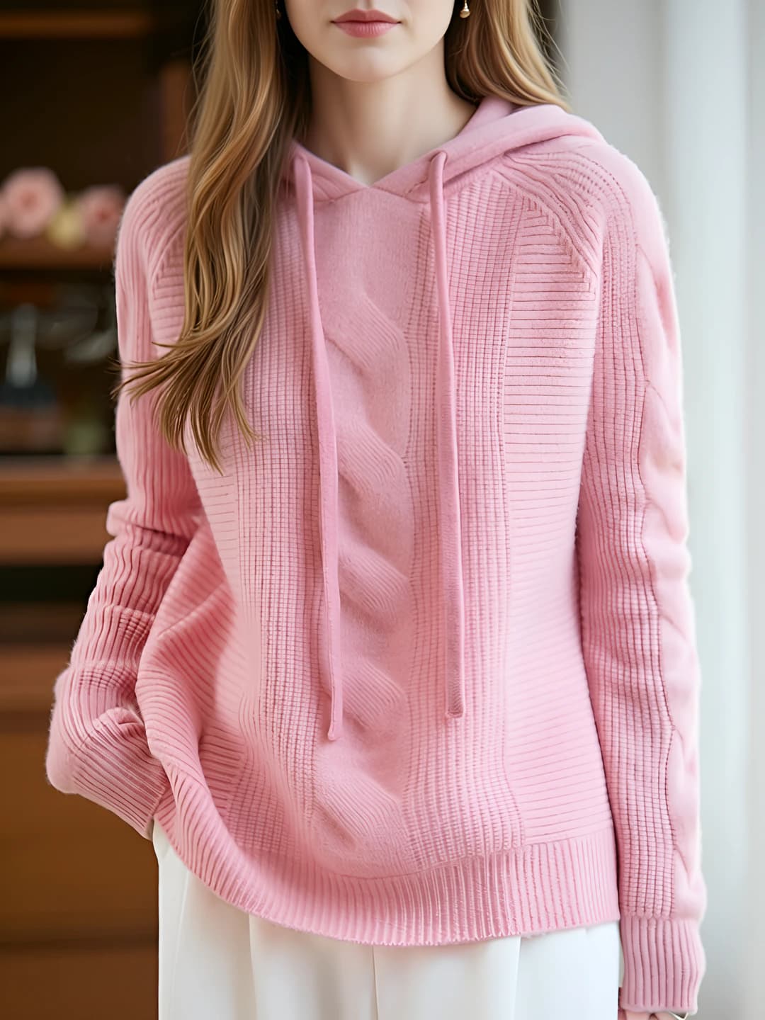 Women's 100% Australian wool hoodie, thickened sweater, loose fit, plus size, long sleeve, crew neck