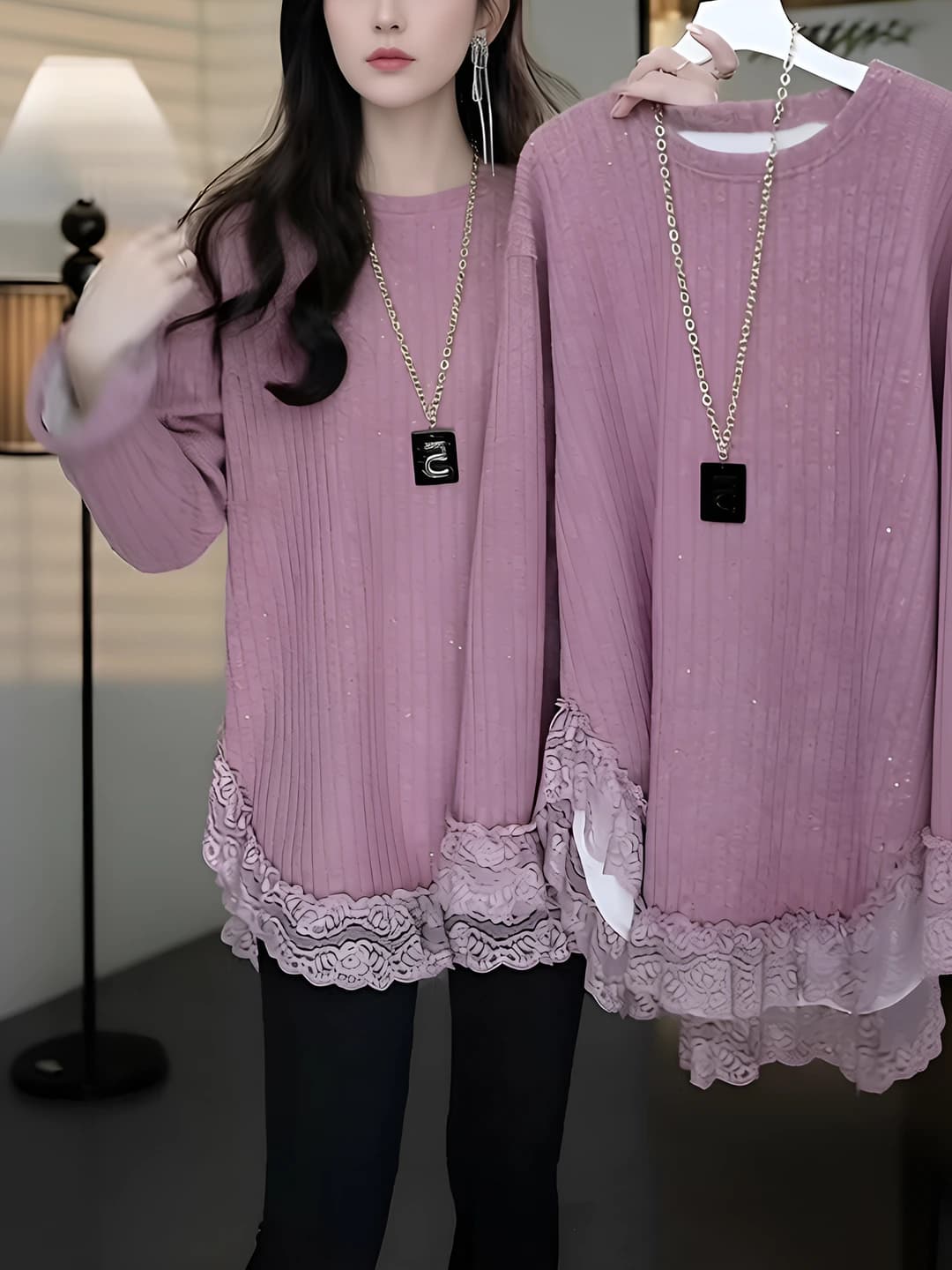 Women's lace, fleece-lined, thickened, loose fit, slimming, mid-length, casual long sleeve longsleeve