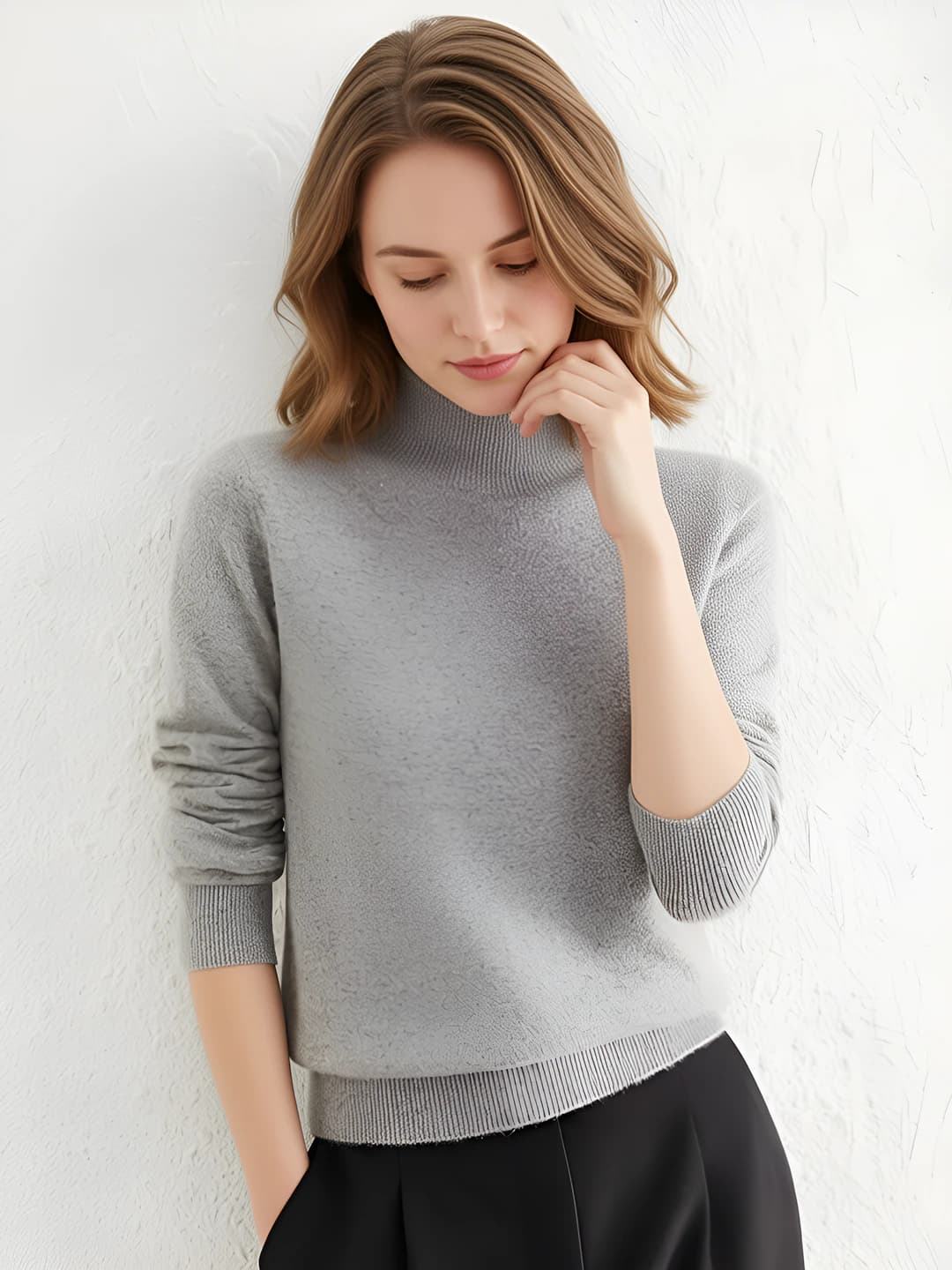 Women's 2026 autumn-winter knit top, mock neck, long sleeve, solid colour, plus size