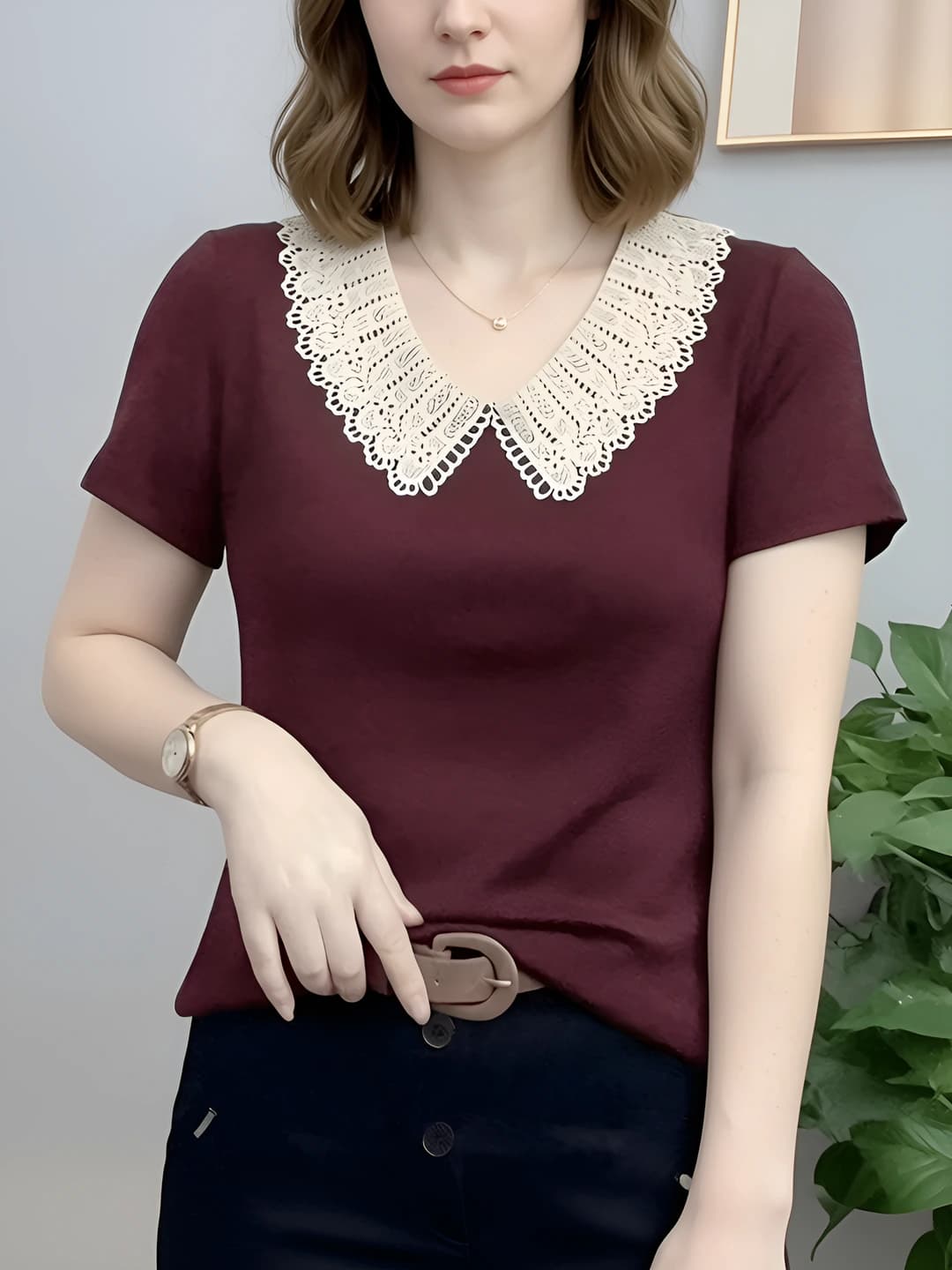 Women's spring-summer plus size loose fit slimming lace and ruffle short sleeve casual t-shirt