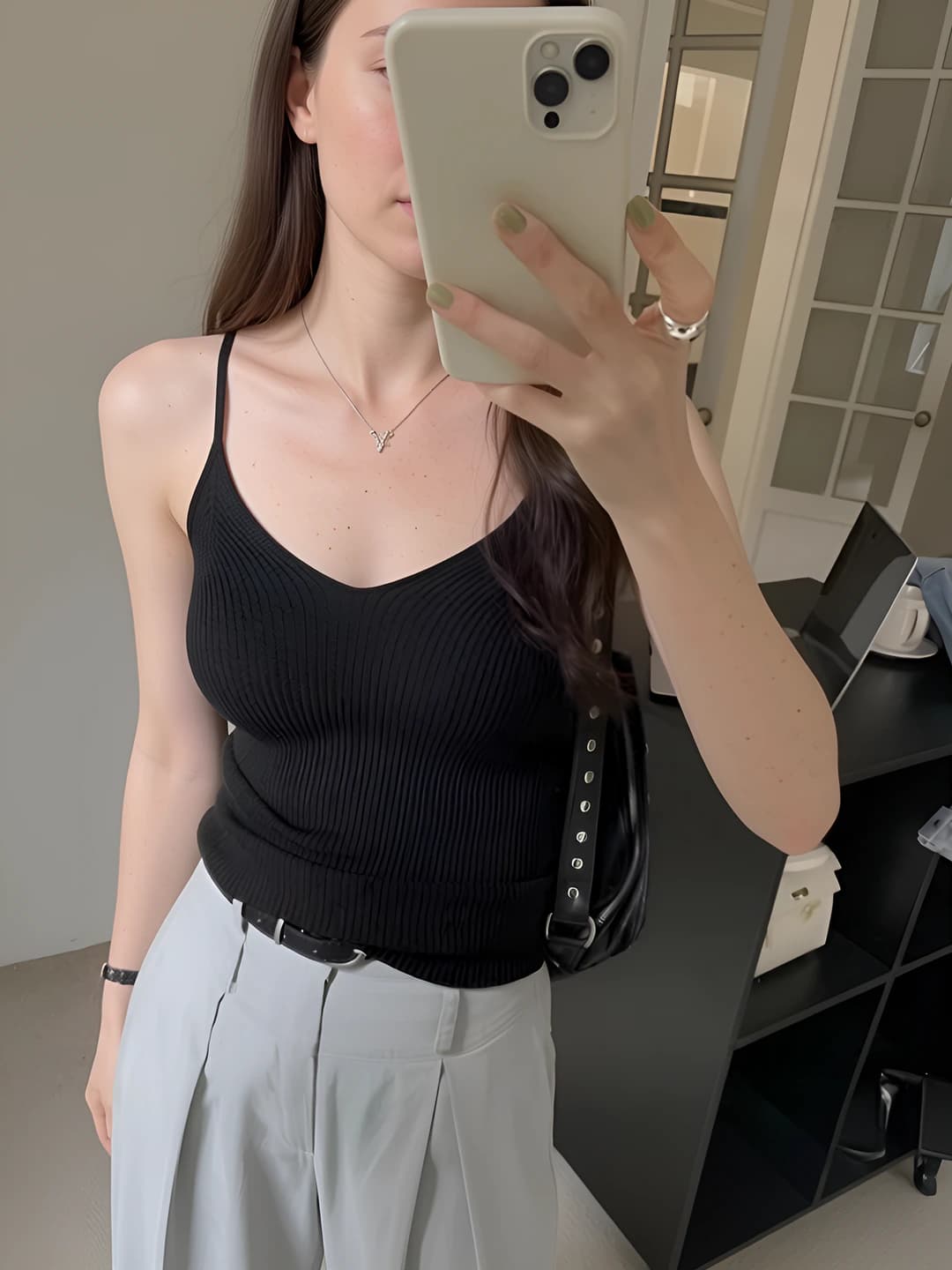 Women's black knitted strap top with V-neck, slim fit, sleeveless, for petite, summer 2026