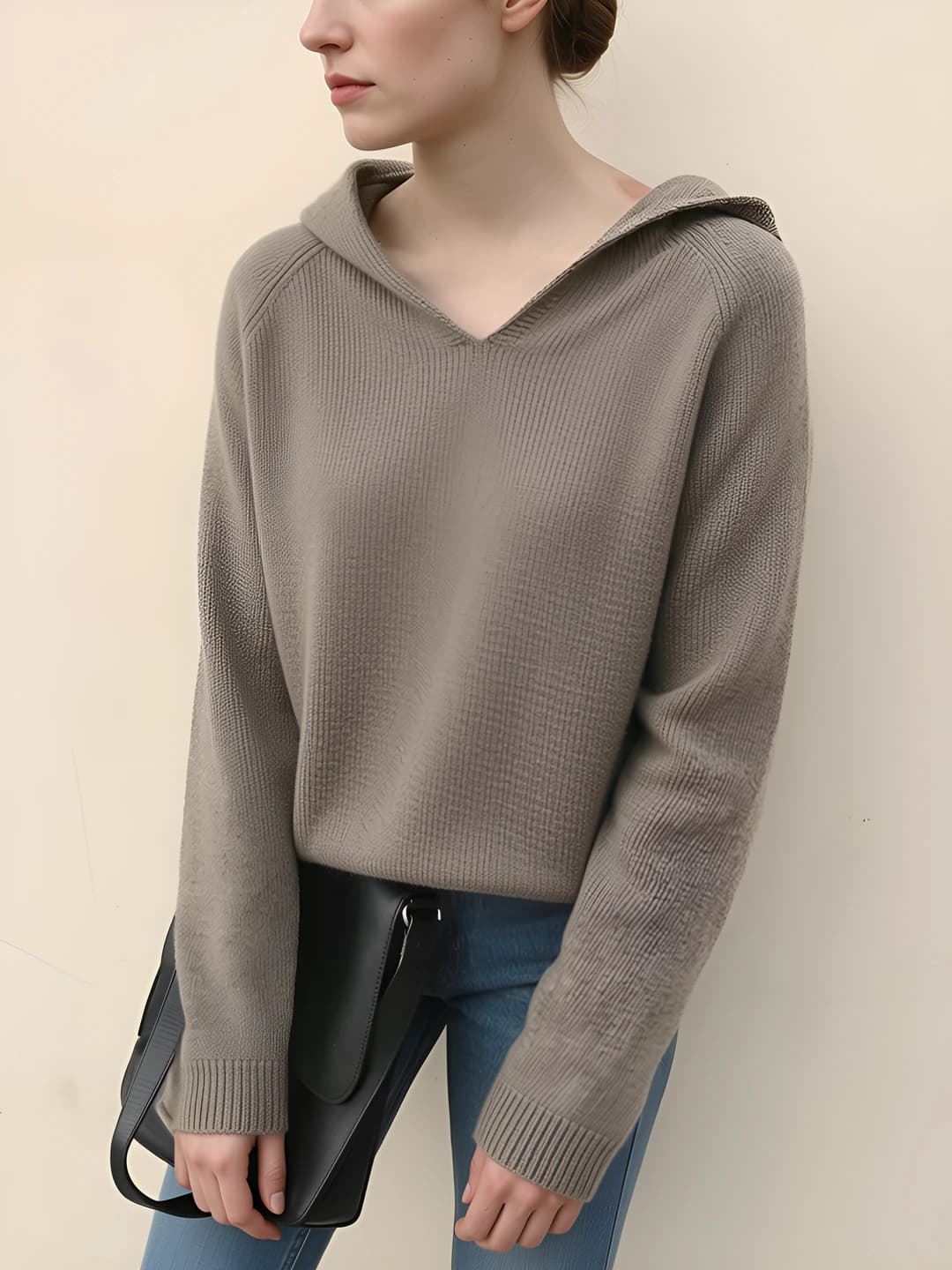 Women's V-neck loose fit long sleeve solid colour medium thickness sweater