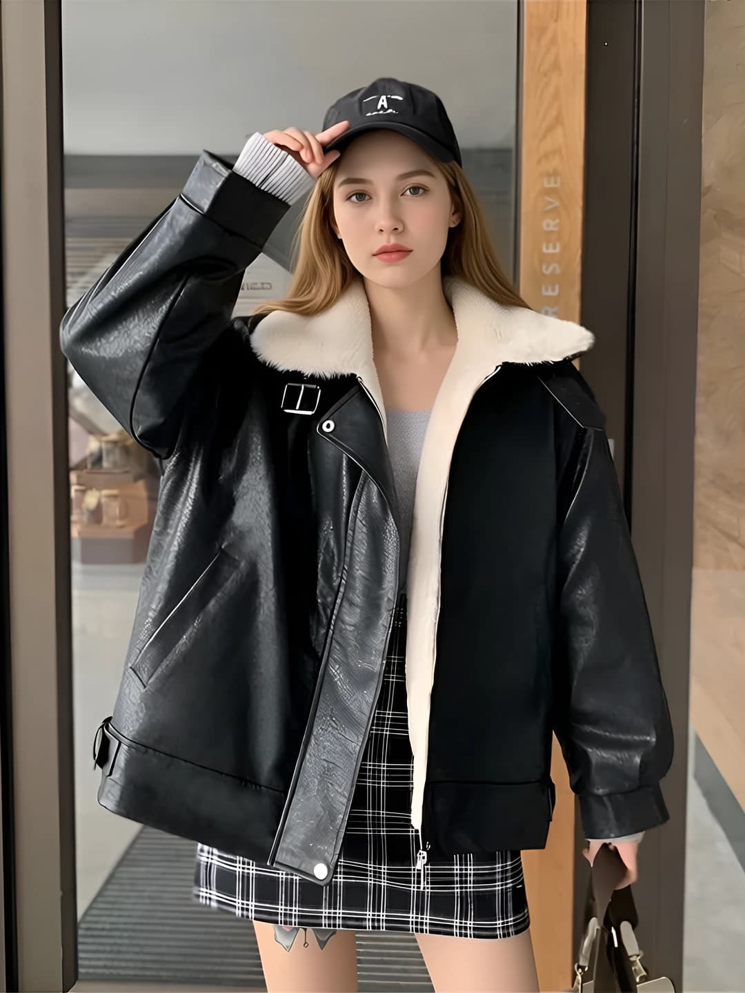 Women's fleece-lined, thickened, loose fit, long sleeve, zip closure, polo collar, winter, warm, cropped (≤40 cm) jacket