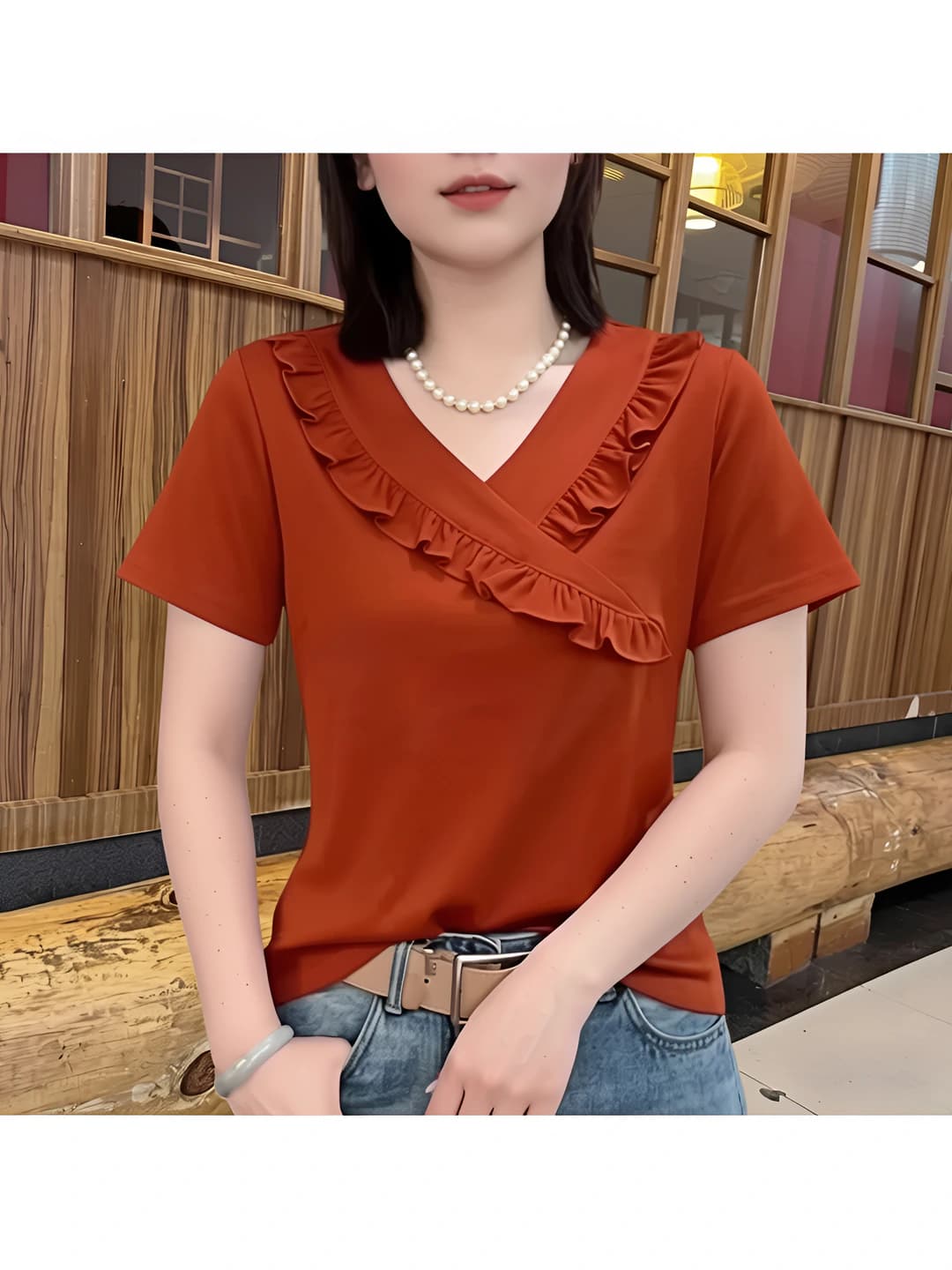 Women's summer solid colour V-neck short sleeve t-shirt with ruffle trim, oversize fit