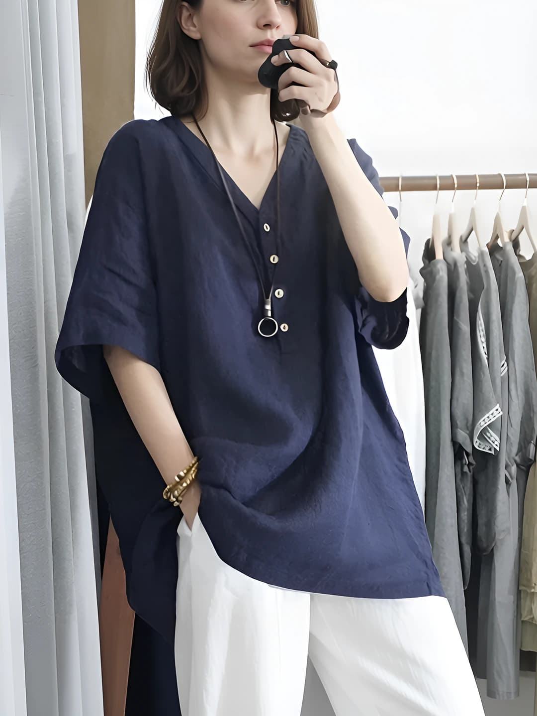 Women's retro style sleeveless cotton-linen t-shirt, POLO collar, loose fit