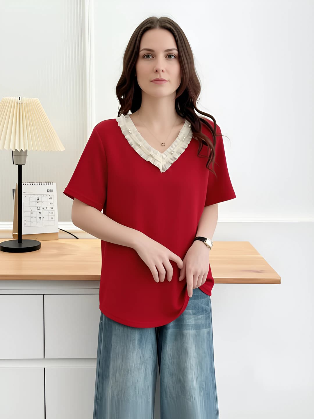Women's V-neck short sleeve t-shirt, 92% cotton, 8% spandex, solid colour, oversize fit, summer 2026