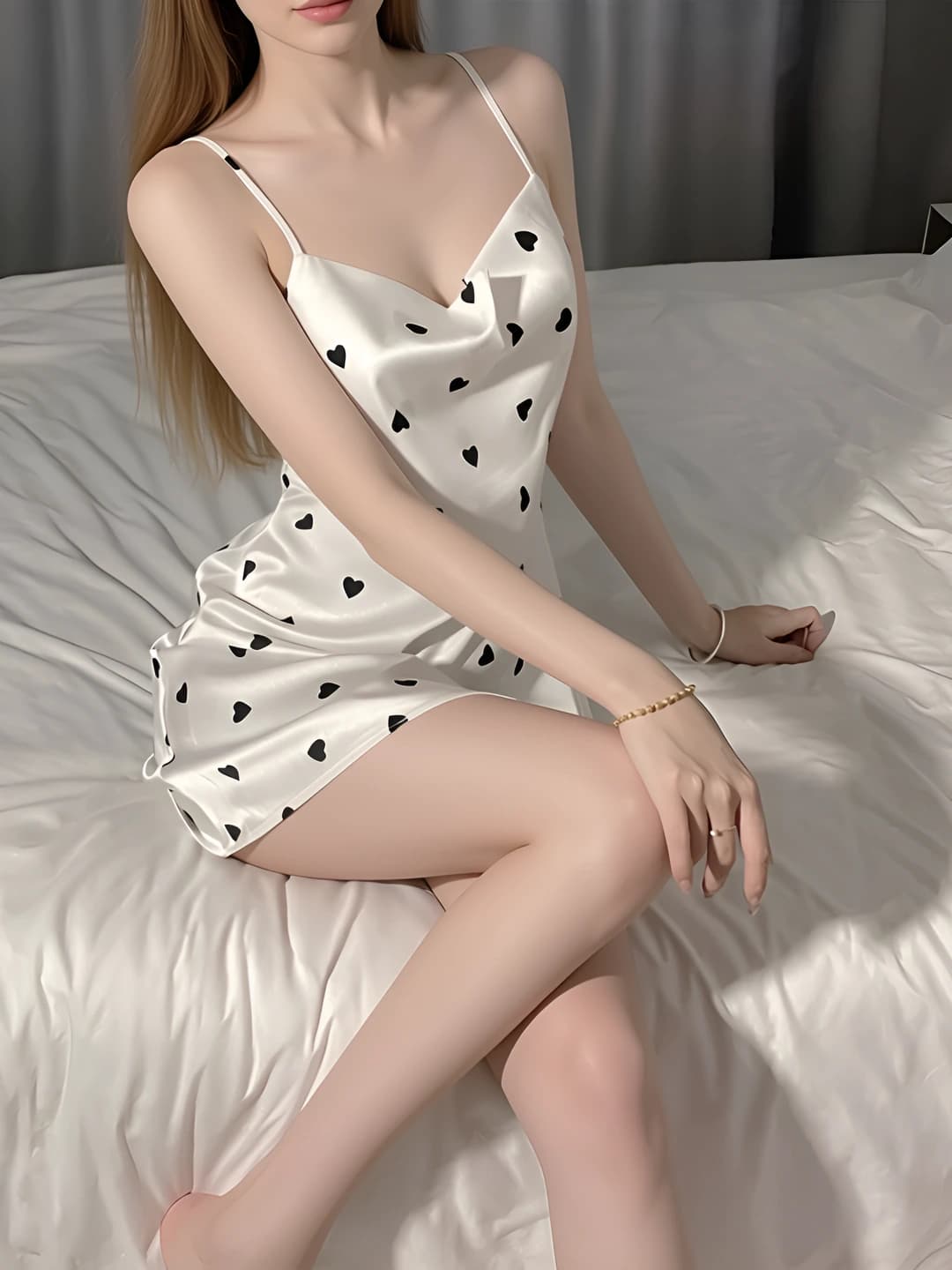 Women's sexy nightgown, V-neck, thin, mid-length, all-season