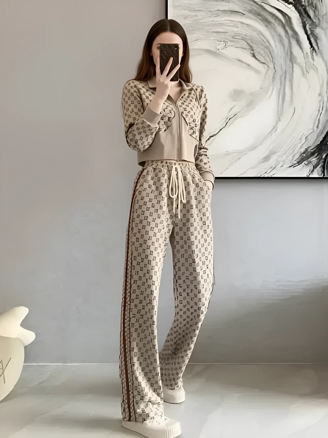Women's sports suit: cardigan and wide-leg trousers set, summer, long sleeve, PVC fabric