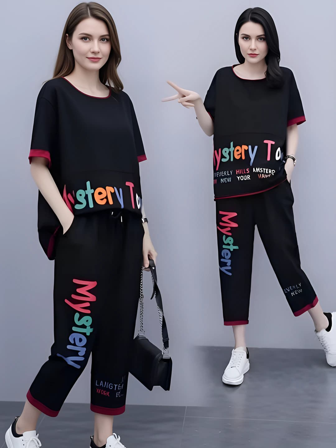 Women's summer casual two-piece set: sleeveless T-shirt top and capri trousers, plus size, slimming