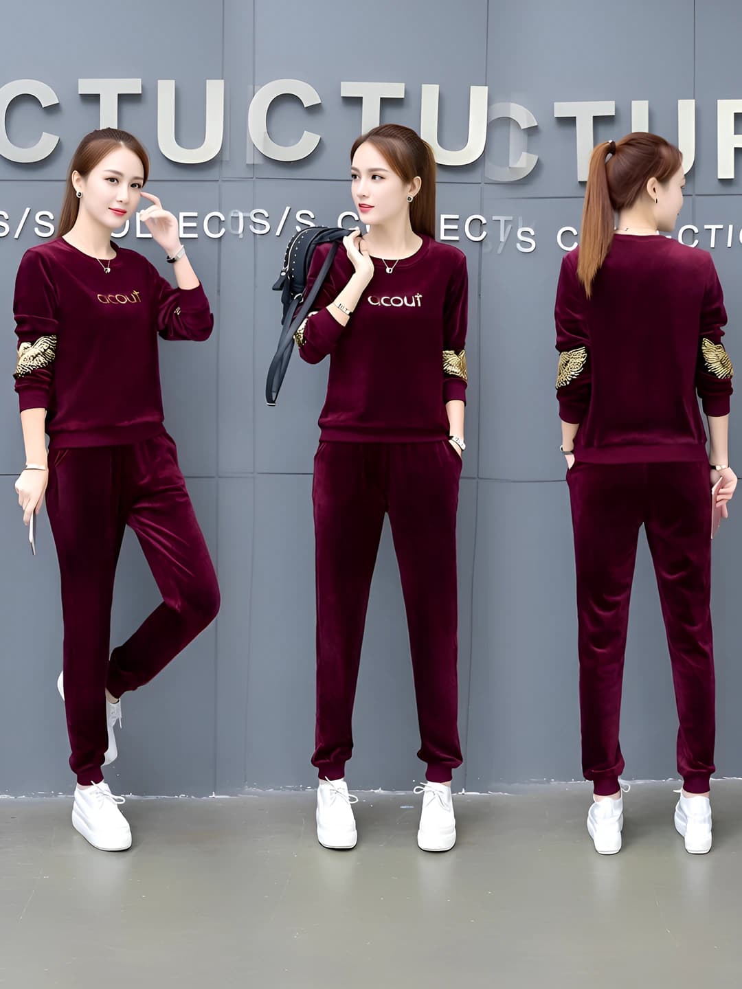 Ayollar uchun katta o'lcham, bo'sh (oversize) kesim, uzun yengli, qora rangli, kundalik sport kostyumi to'plami