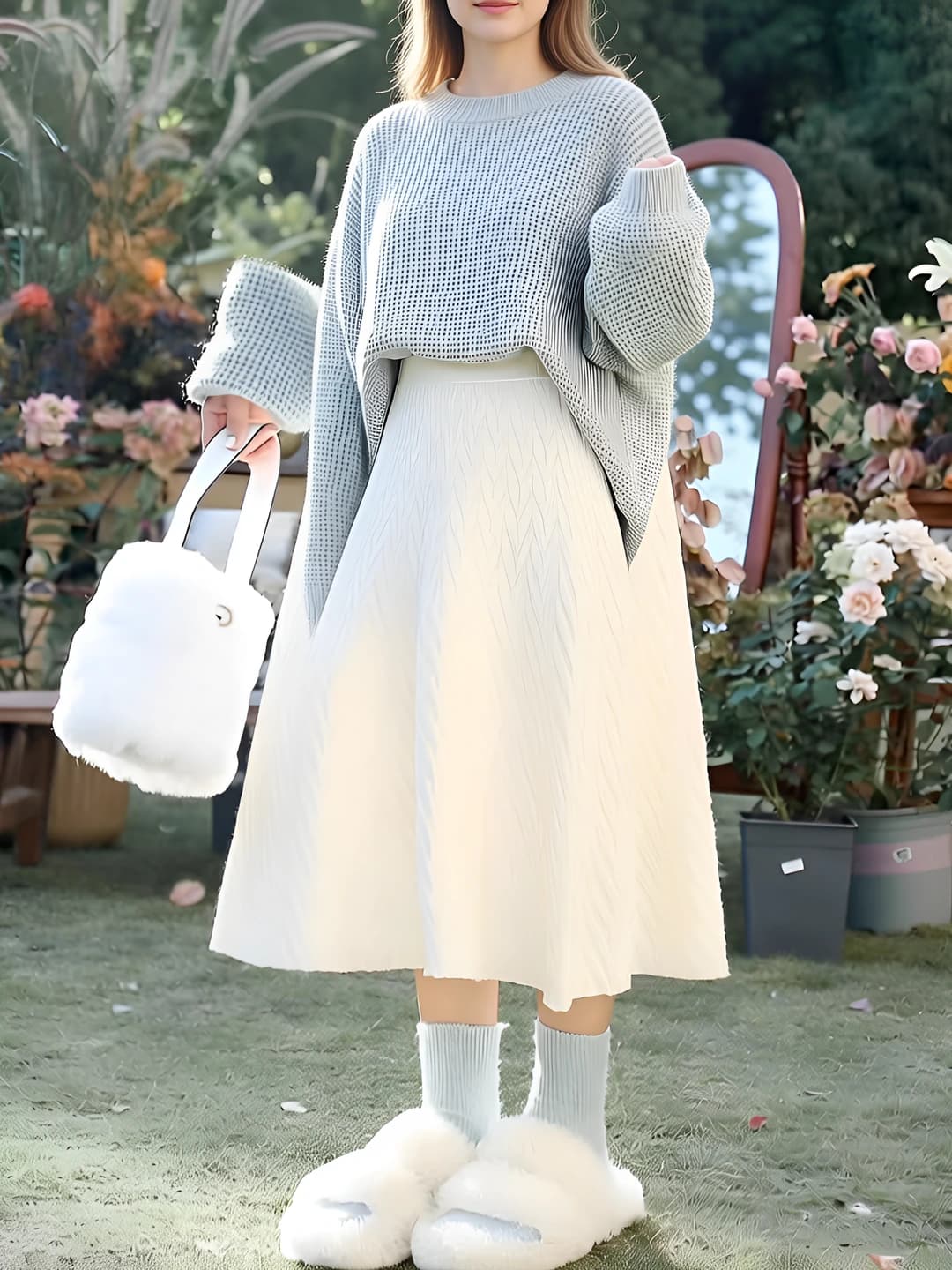 Women's autumn-winter A-line mid-length slimming high waist loose fit solid colour stretch straight cut casual skirt