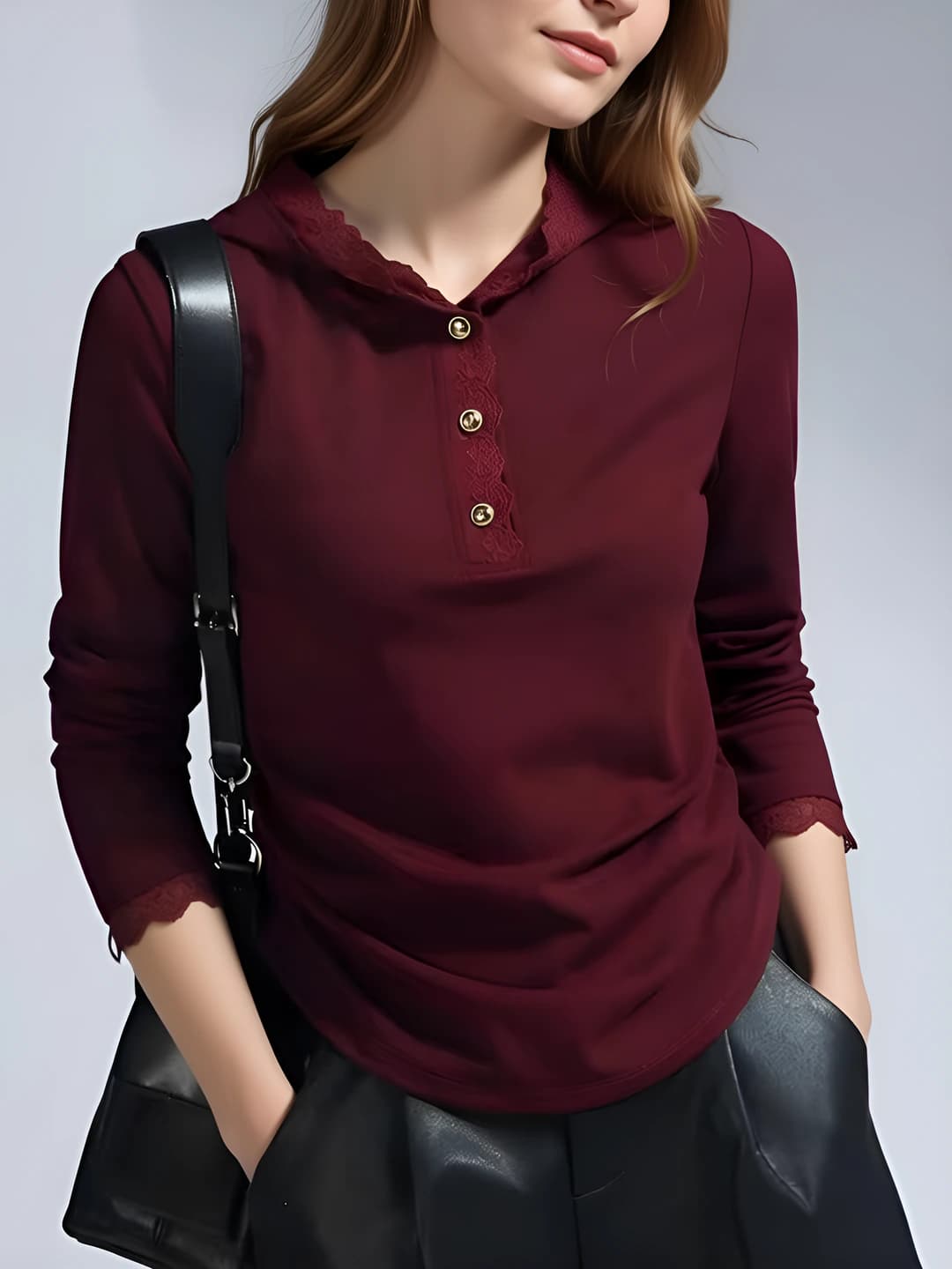 Women's long-sleeve hooded top with lace, spring 2026, solid colour, loose fit, base layer