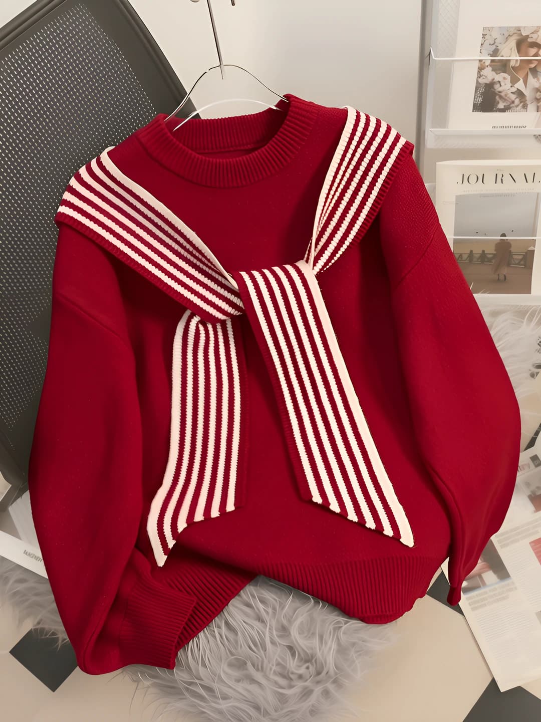 Women's knit pullover sweater with crew neck, long sleeve, loose fit, striped pattern, casual style, autumn-winter