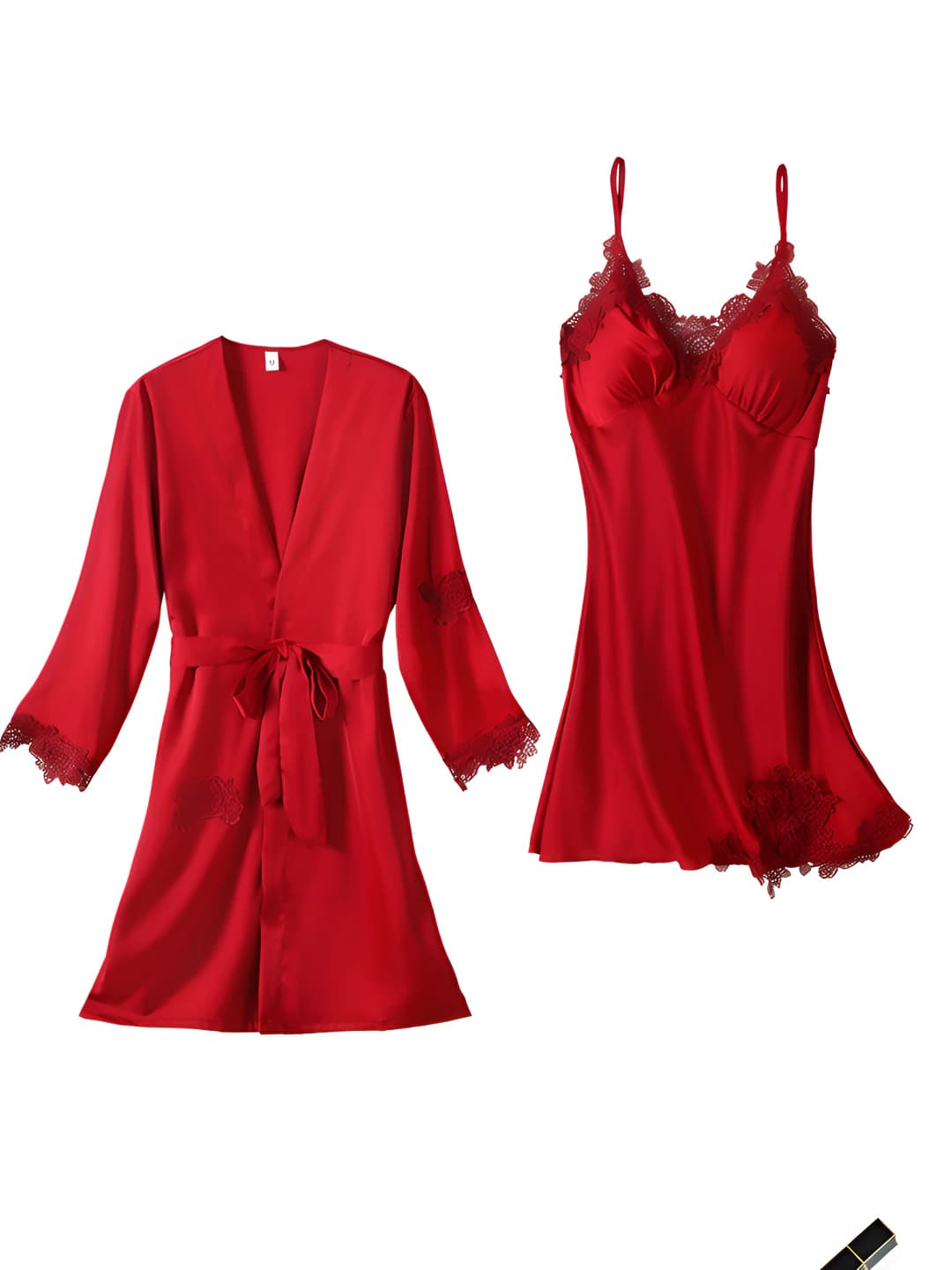 Matte silk 2-piece set - wine red [robe+nightgown]