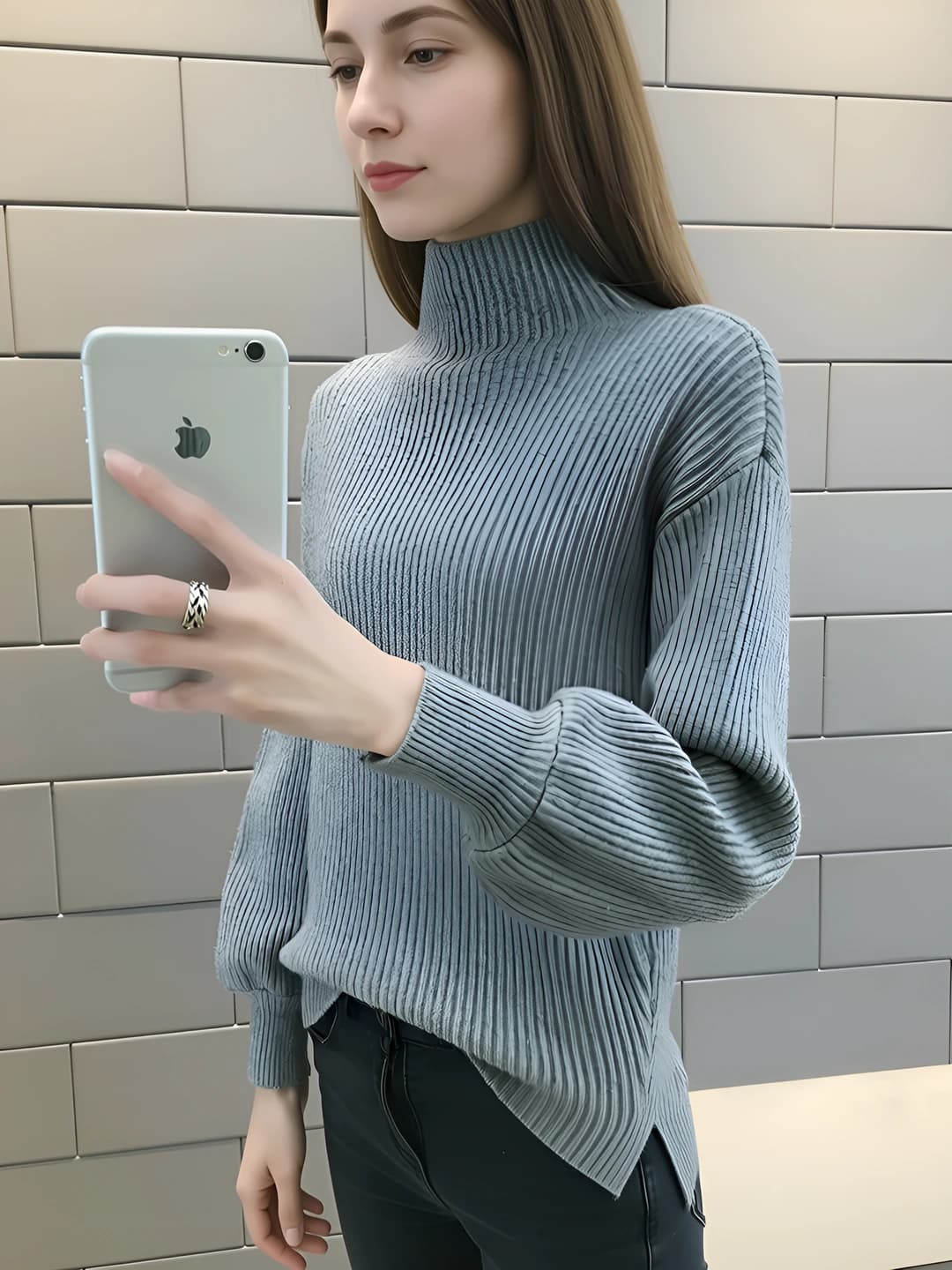 Women's mock neck long sleeve loose fit cropped sweater, Korean style, autumn-winter