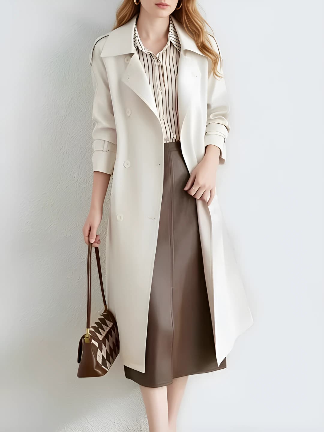 Women's mid-length trench coat, spring-autumn, for petite, A-line fit, POLO collar, long sleeve, blazer style