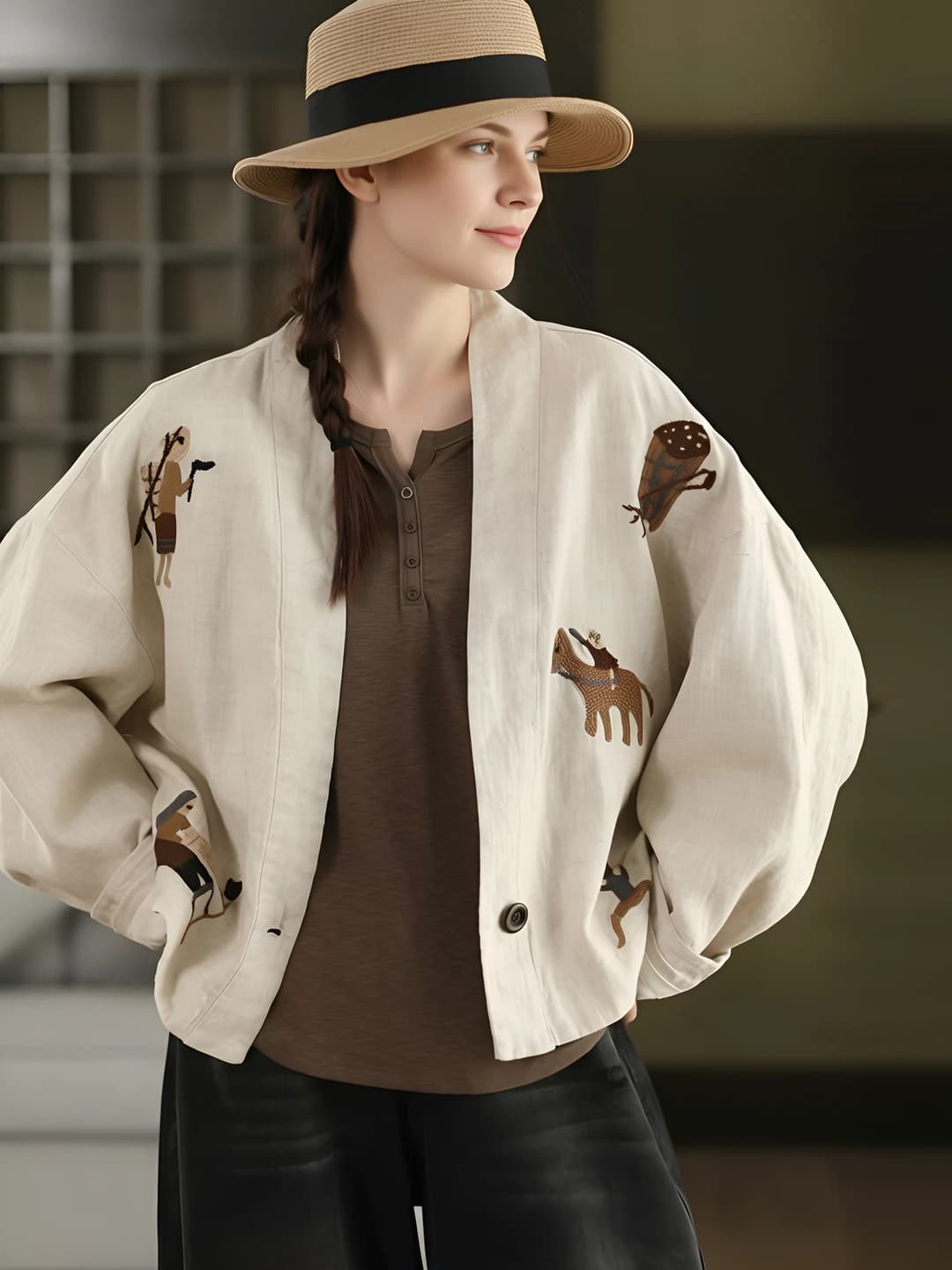 Women's retro embroidered jacket, spring-autumn 2026, loose fit casual blouse, sleeveless, POLO collar, slimming