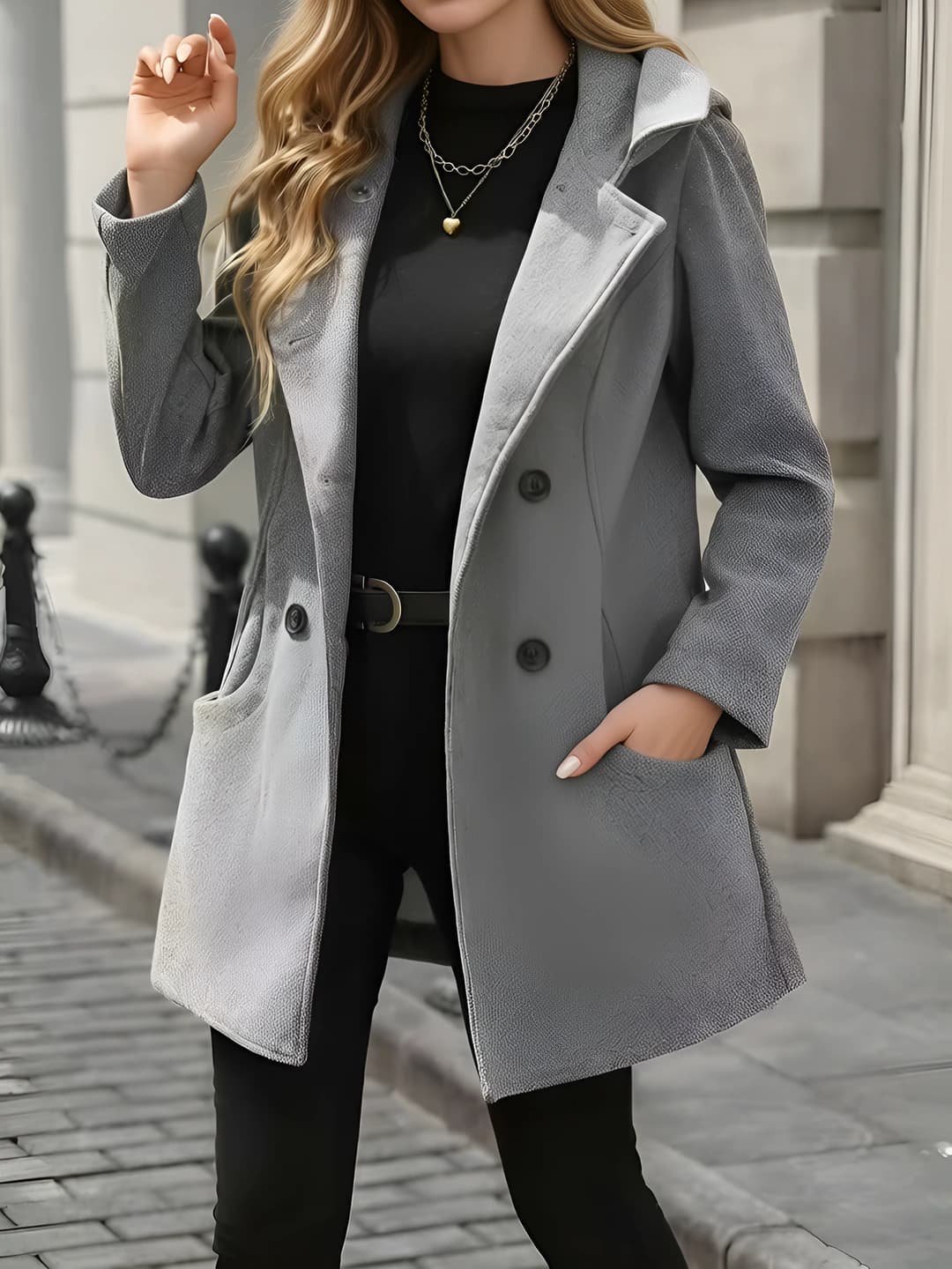 Women's 2026 winter warm mid-length coat, solid colour, long sleeve, hooded, double-breasted, medium thickness, regular fit, street style