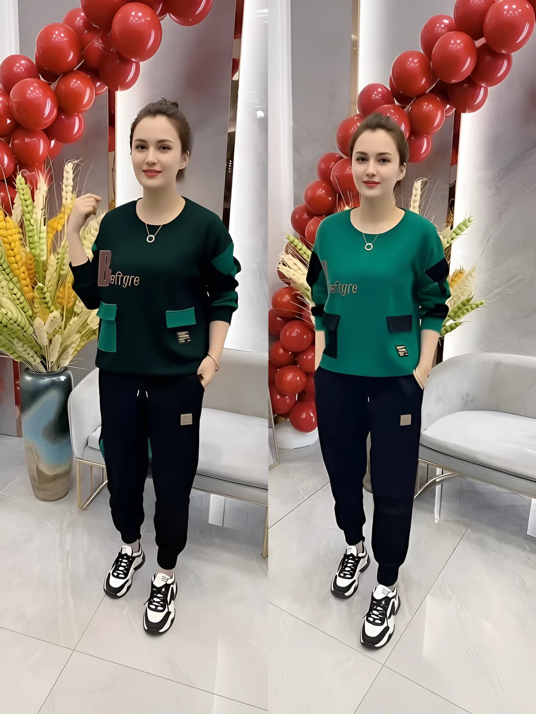Women's winter casual set: long sleeve sweatshirt and jogger pants, loose fit, slimming, embroidered, PVC fabric