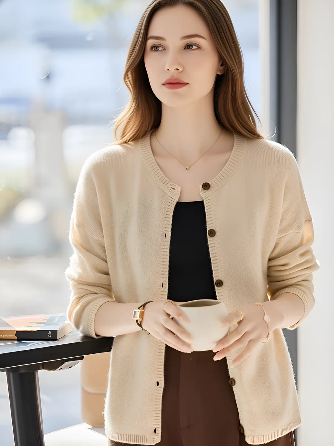 Women's wool and cashmere knit cardigan, crew neck, long sleeve, solid colour, loose fit, cropped