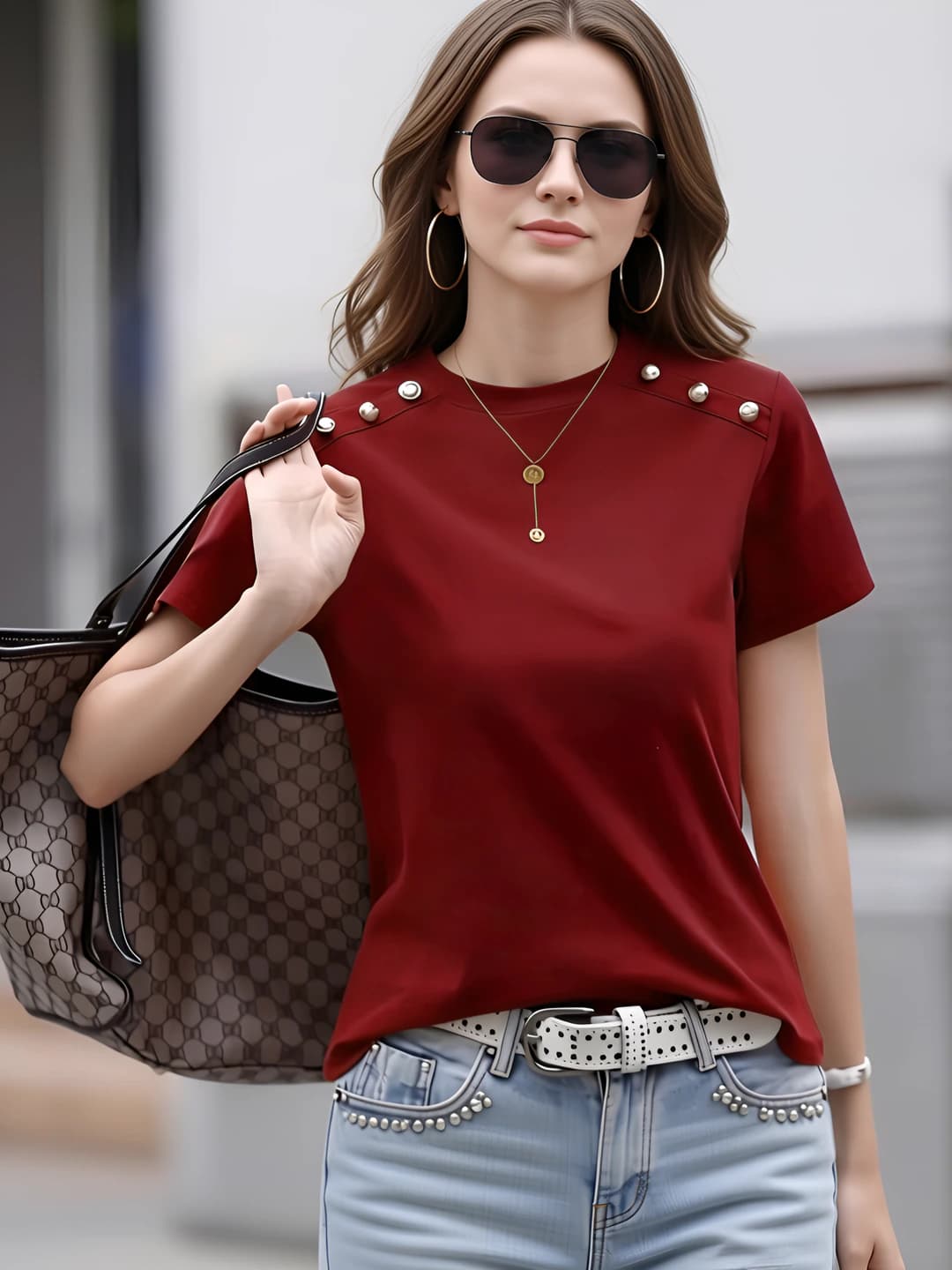 Women's short-sleeve t-shirt, solid colour, loose fit, crew neck, casual style, spring-summer