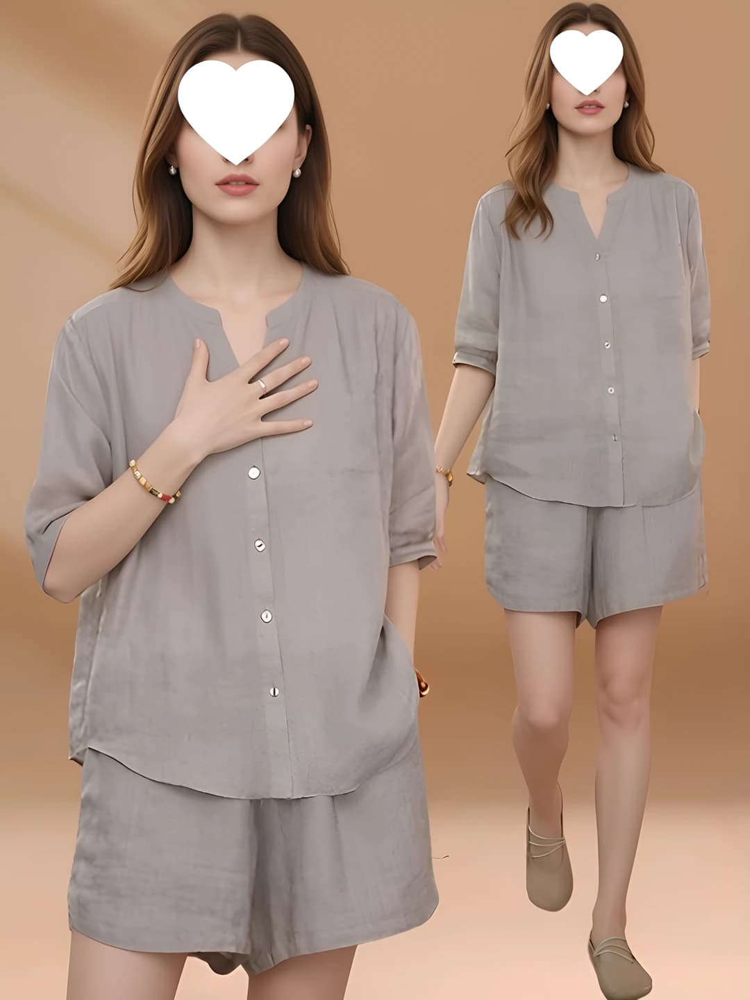 Ayollar uchun koreys uslubida katta o'lchamli bo'sh (oversize) retro kundalik kurtka va shorti to'plami, yoz, bir rangli, yarim yeng, kalta shorti