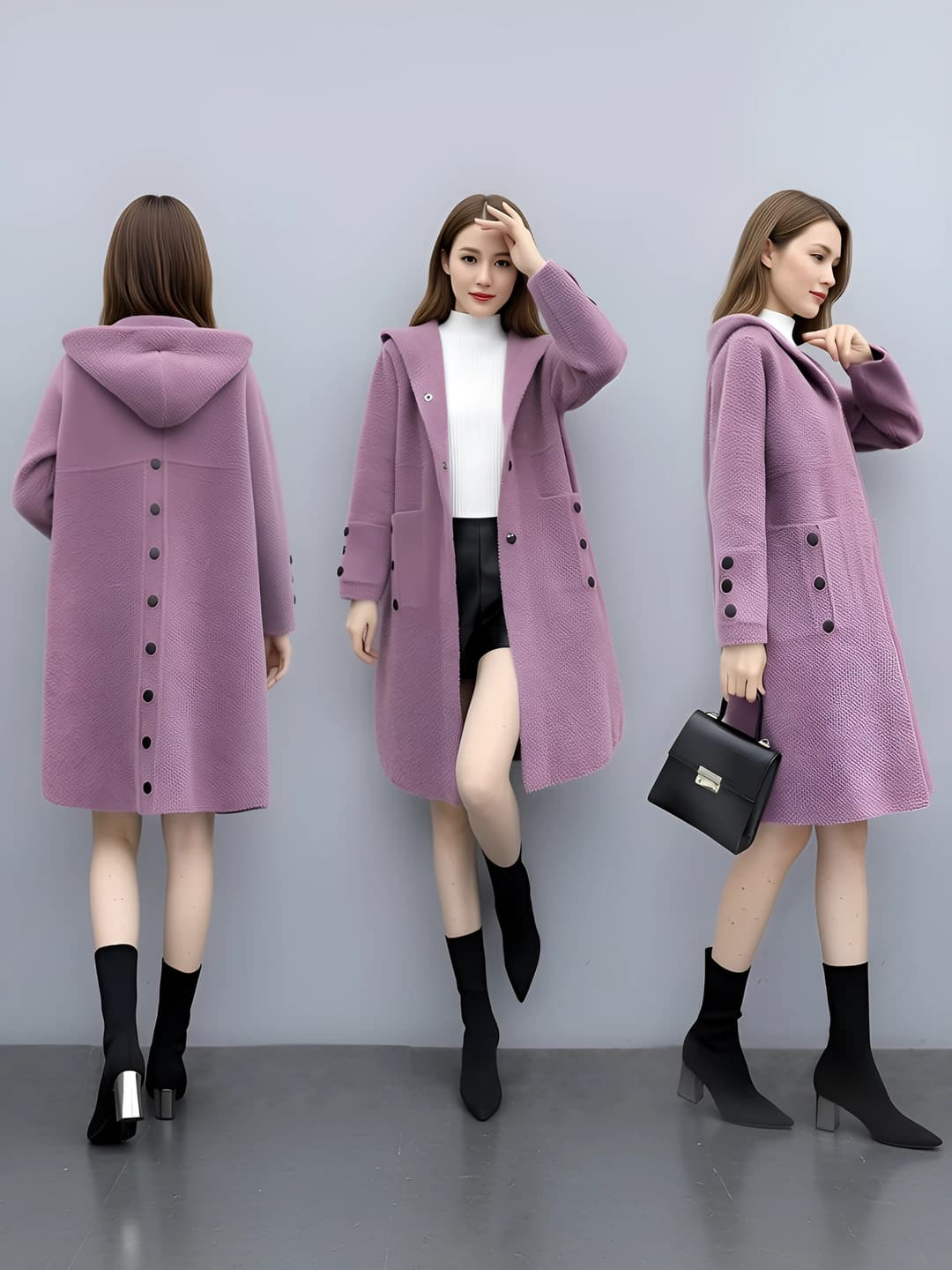 Women's autumn-winter coat, Korean style, thickened, loose fit, mid-length, solid colour, long sleeve, hooded