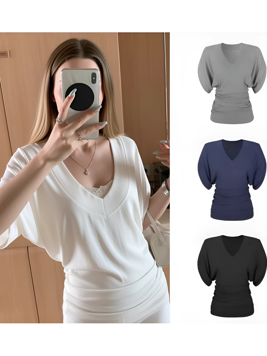 Women's summer short sleeve t-shirt with V-neck, loose fit, solid colour