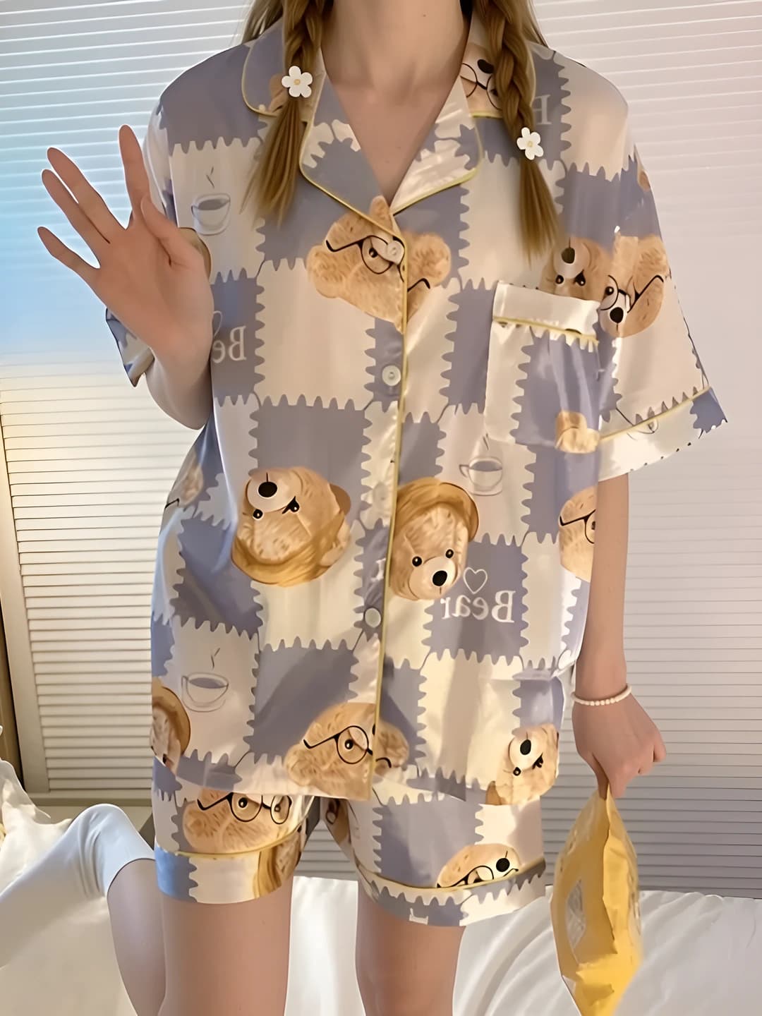 Women's summer checked bear loungewear set: thin, breathable, stretch, short sleeve, shorts and lapel collar