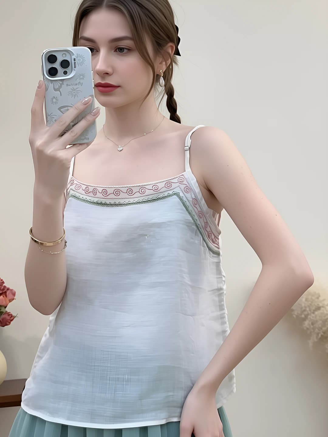 Women's retro thin embroidered 3D pattern A-line cropped sleeveless strap top