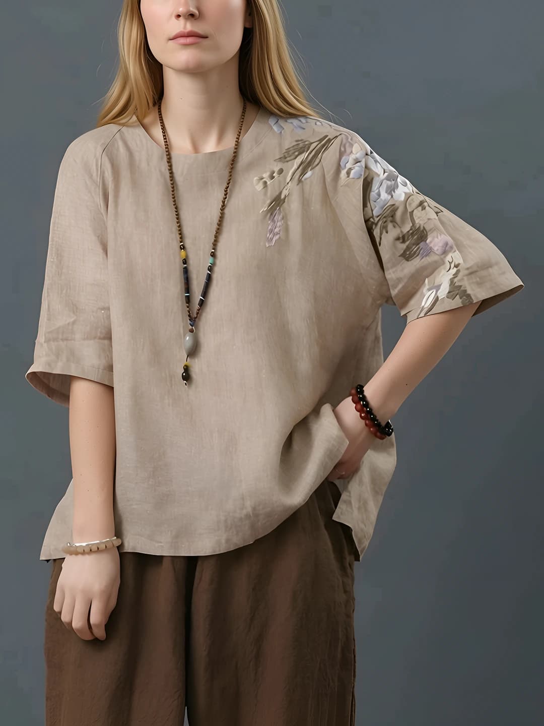 Women's summer plus size loose fit retro embroidered cotton linen set