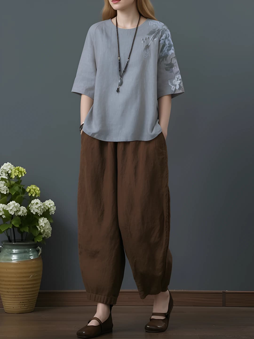 Grey top + coffee 9/10 pants