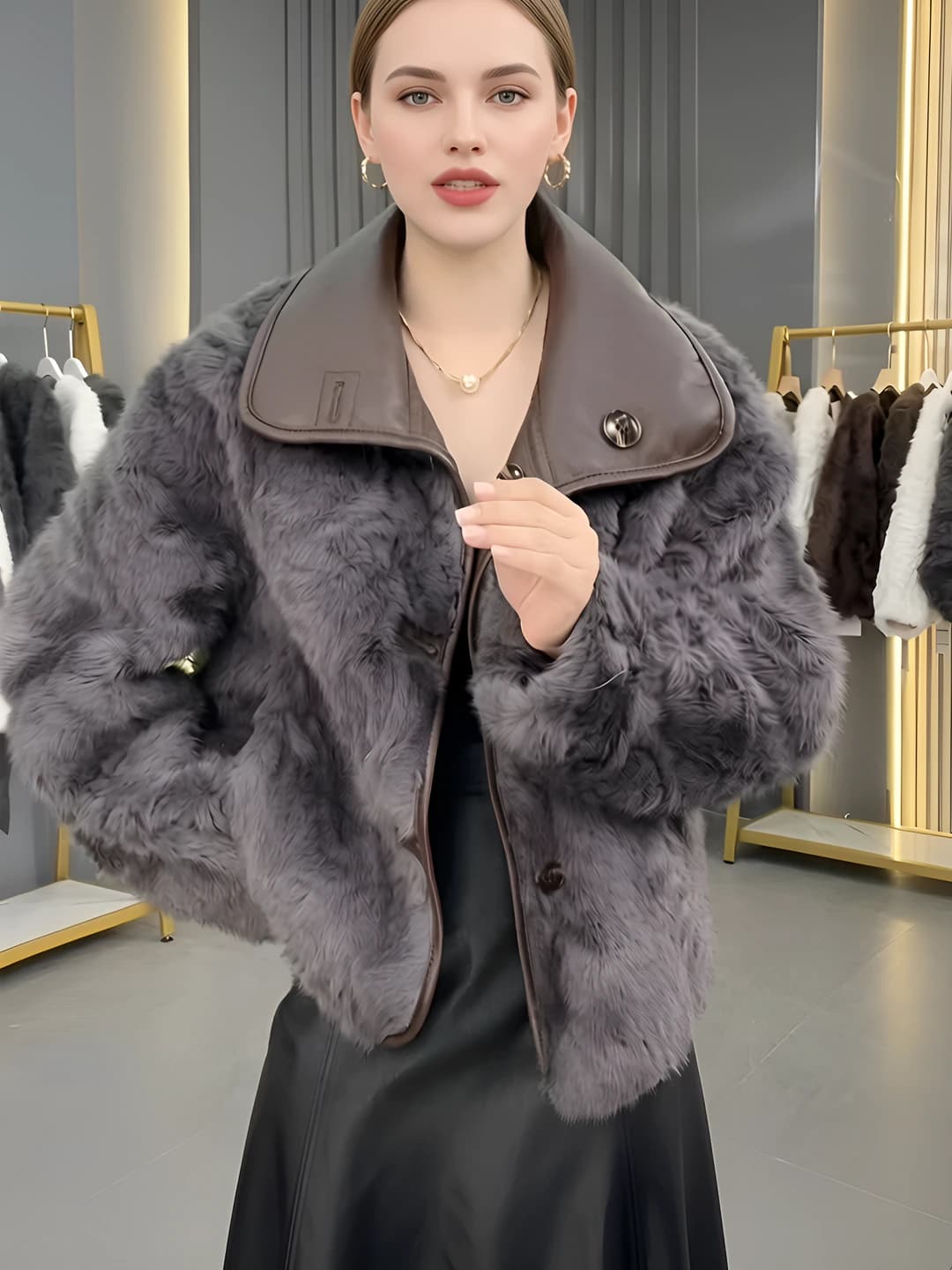 Women's winter faux fur shearling jacket with lapel collar, loose fit, long sleeve, three-button closure, faux leather and faux fur