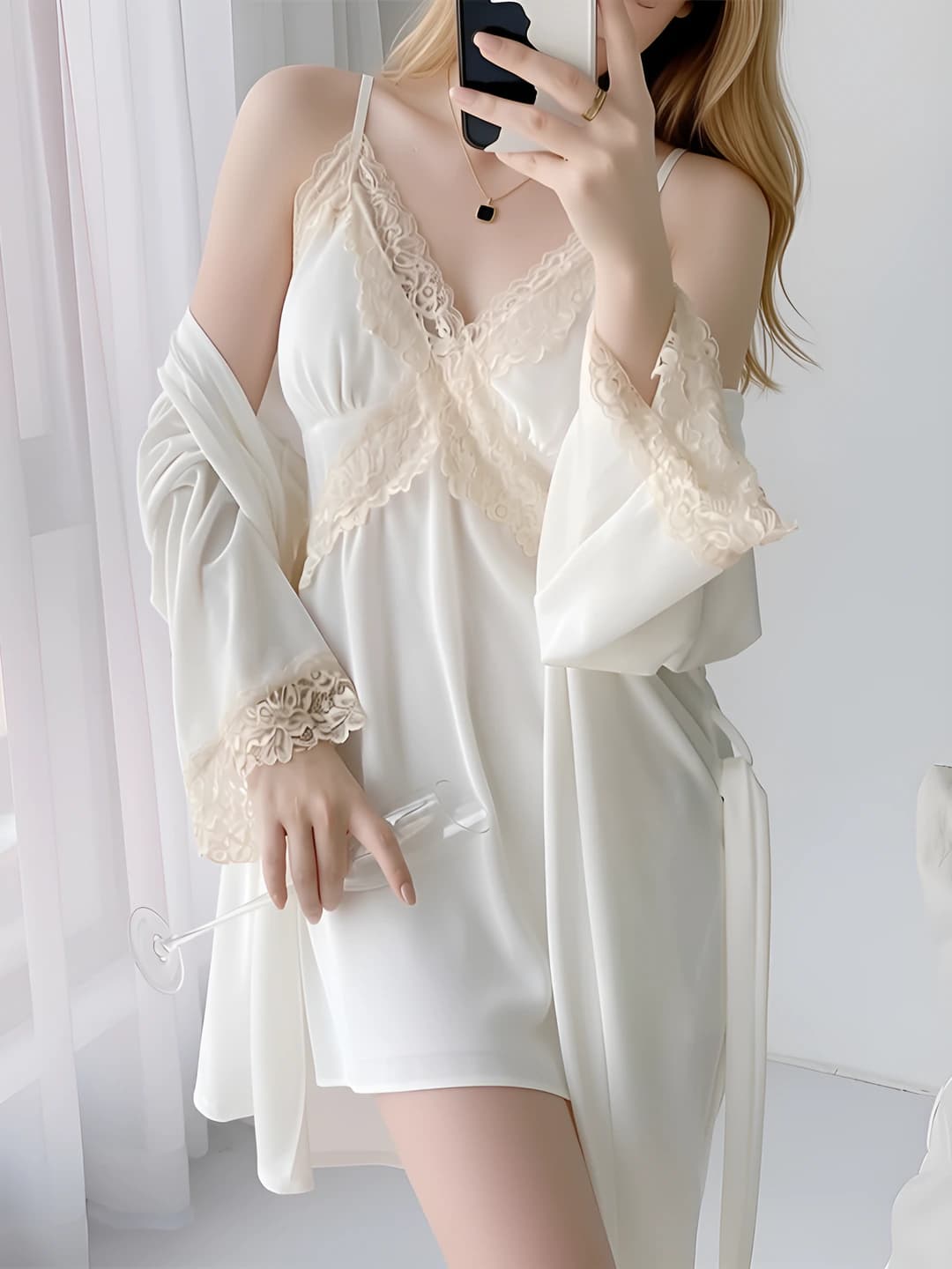 Gold velvet 2-piece set - off-white cross lace