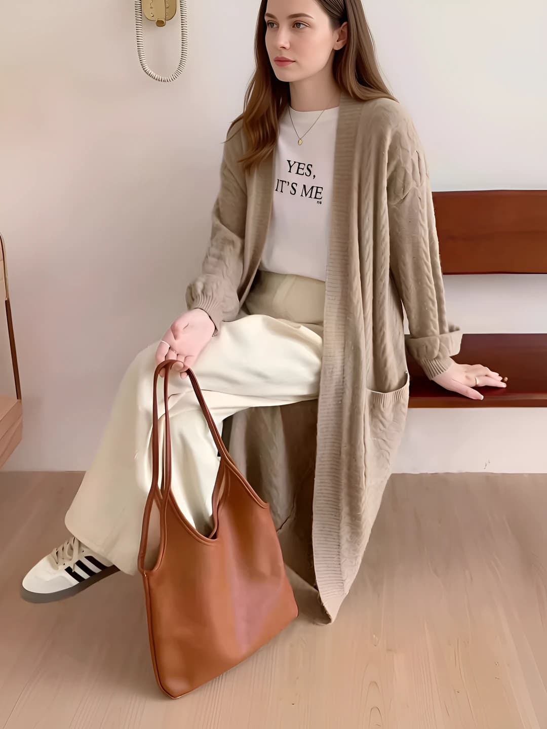 Women's 2026 autumn retro cable knit cardigan, thickened, loose fit, long sleeve, V-neck, mid-length