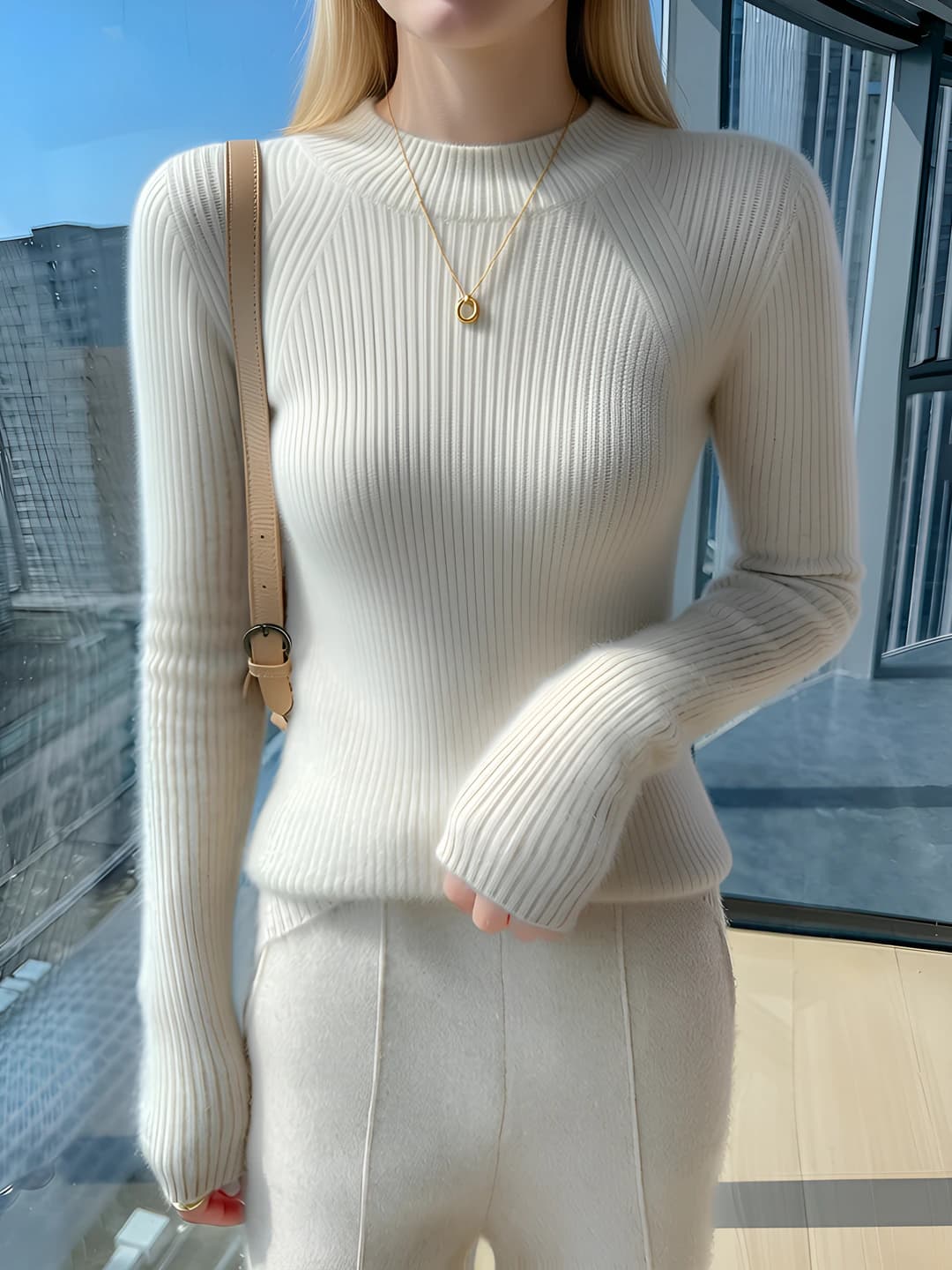 Women's mock neck slim fit long sleeve sweater, 95% wool, for autumn-winter