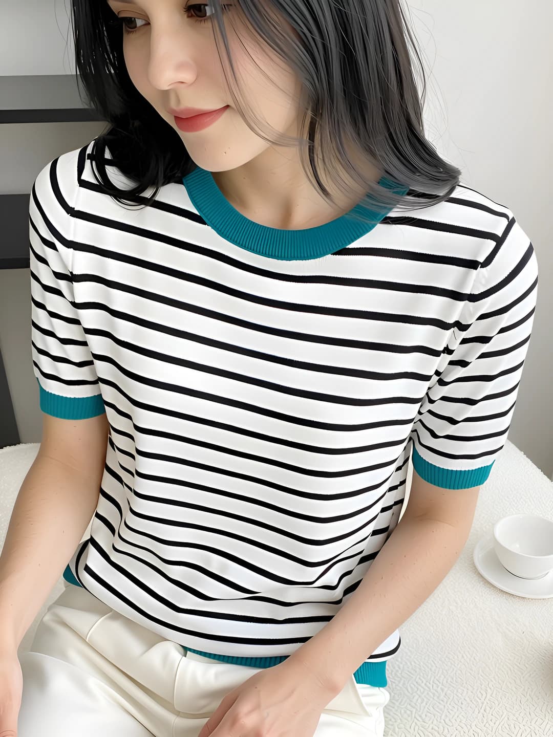 Women's ice-silk fabric short sleeve thin striped knitted top