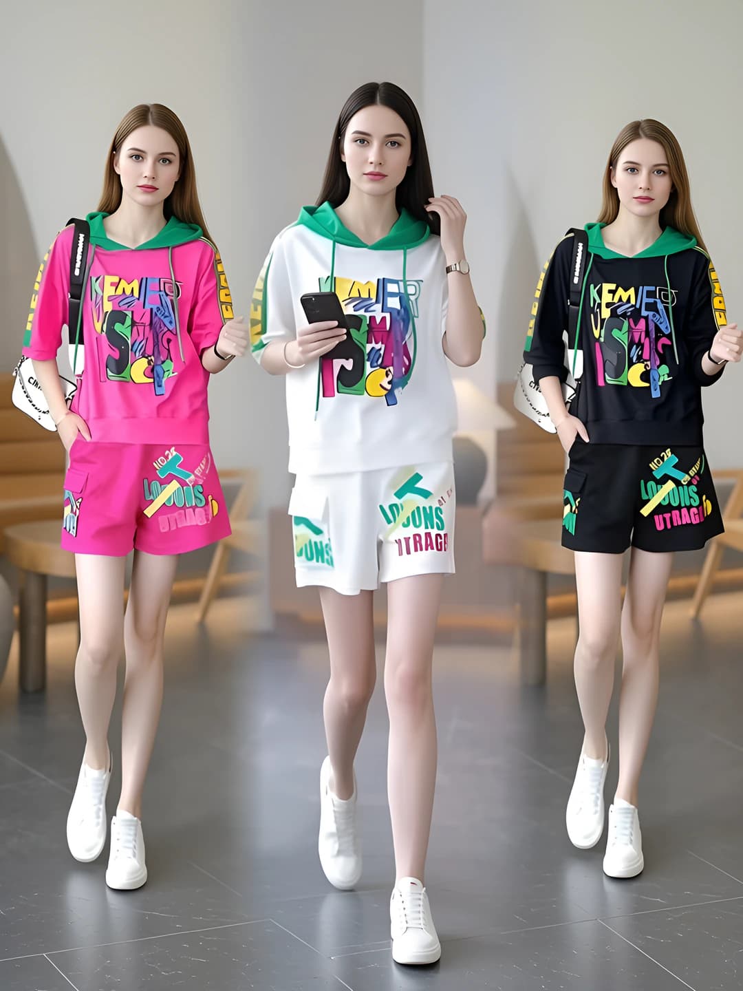 Women's summer sports two-piece set with short sleeve and sleeveless, printed, loose fit, slimming (hooded top and shorts)