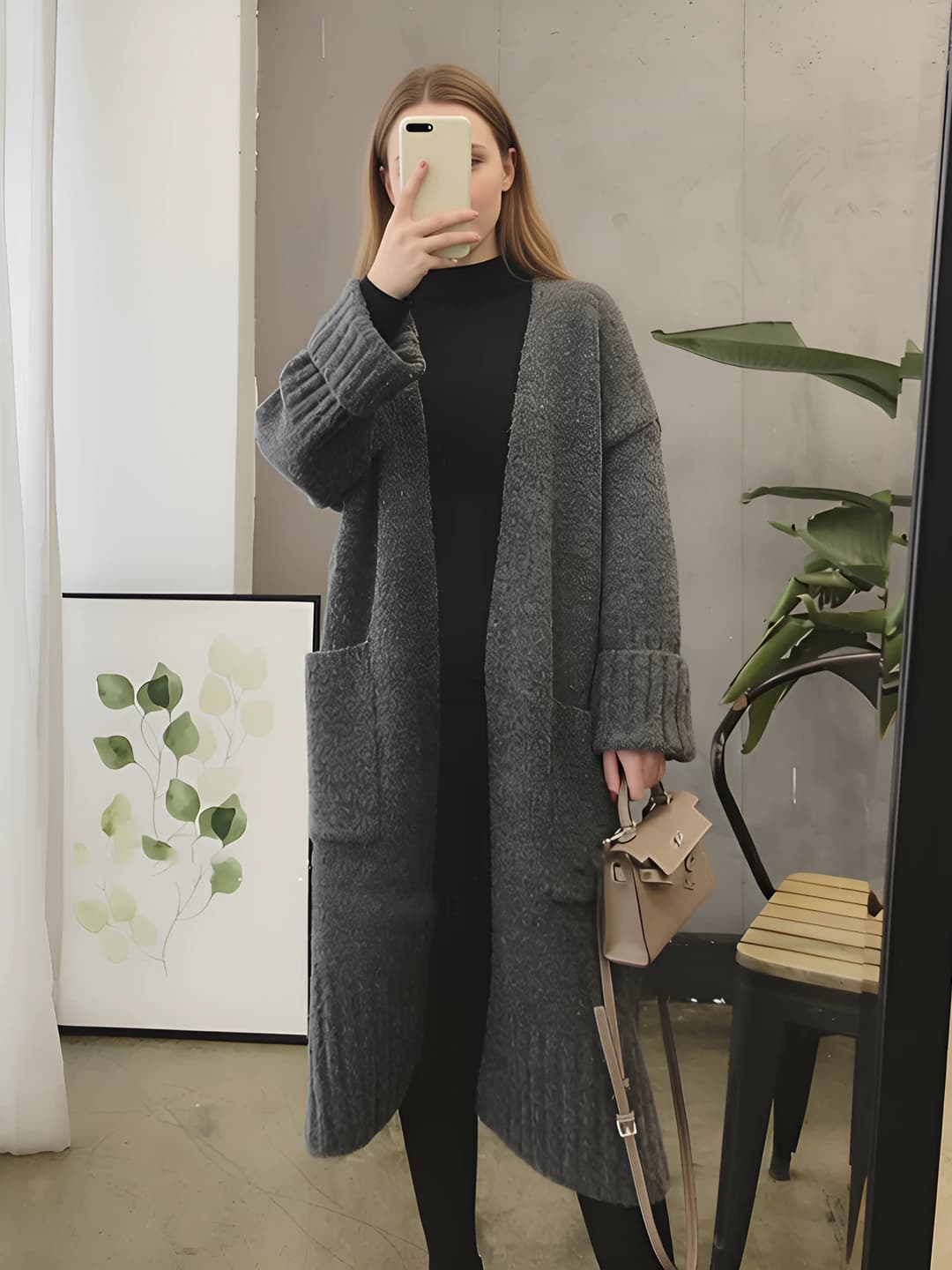 Women's knit cardigan, V-neck, long sleeve, loose fit, mid-length, solid colour, spring-autumn