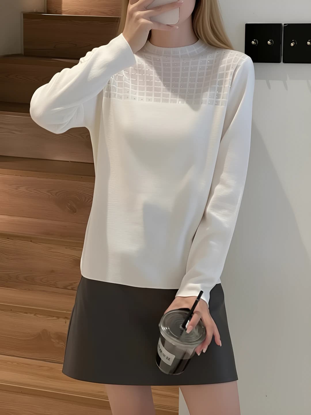 Women's spring mock neck knit top sweater, slimming, wool and polyester blend