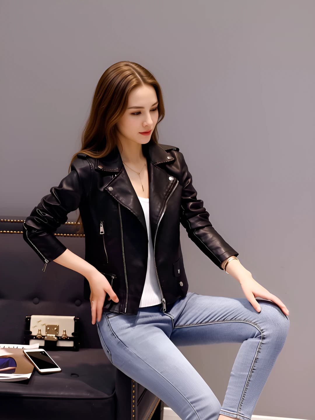 Women's PU jacket 2026 spring-autumn, Korean style, lapel collar, long sleeve, zip, plus size