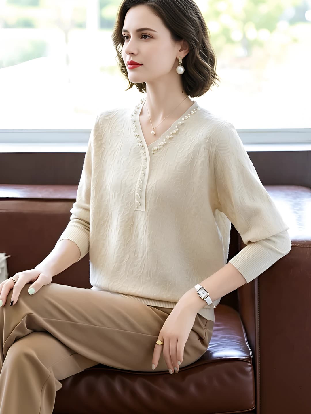 Women's V-neck long sleeve loose fit sweater, spring-autumn, solid colour, Korean style
