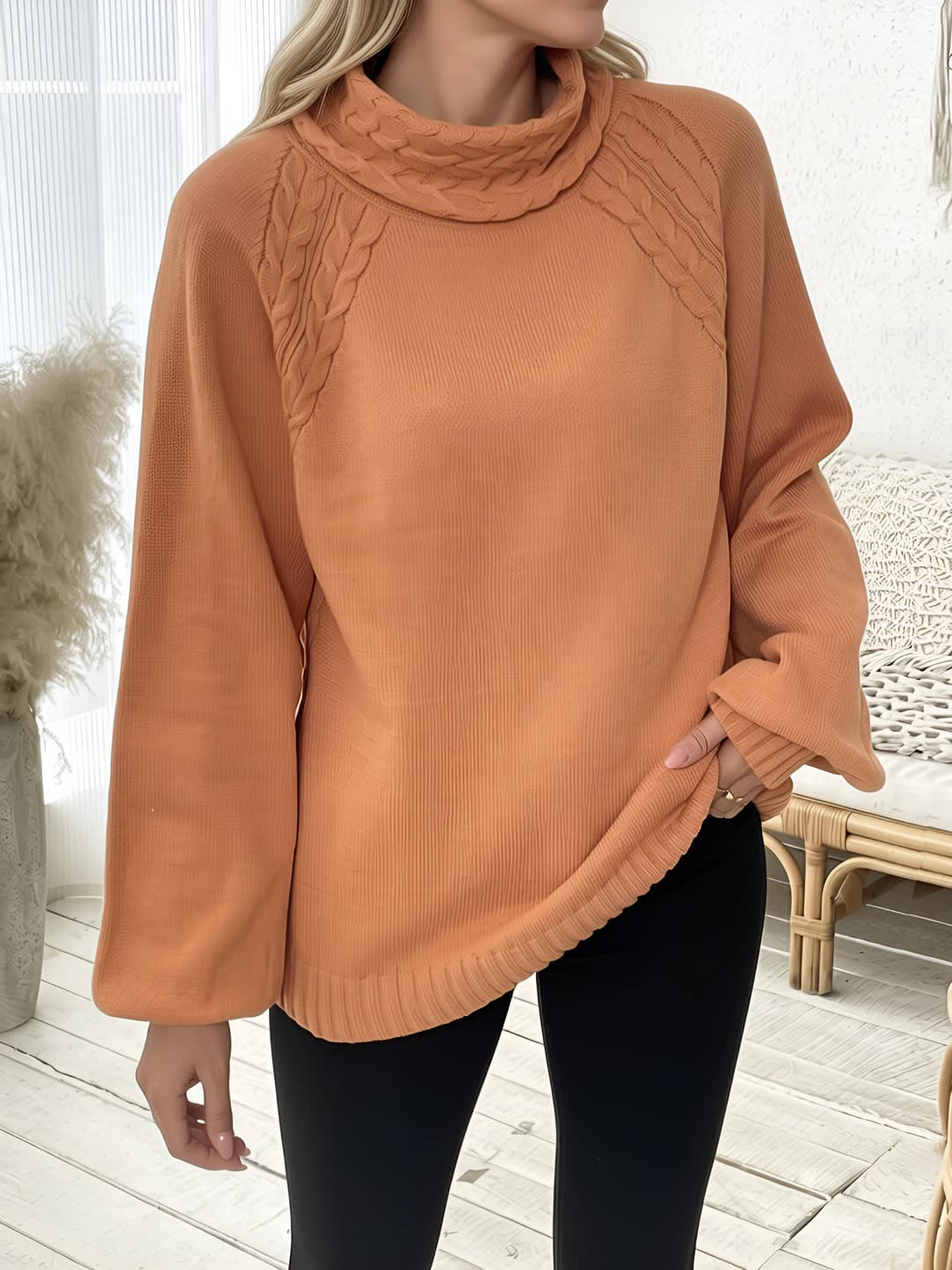 Ayollar uchun kuz-qish retro uslubidagi bo'sh (oversize) kesim, o'rma to'quv naqshli, yarim baland yoqali, uzun yengli, princess yengli sviter