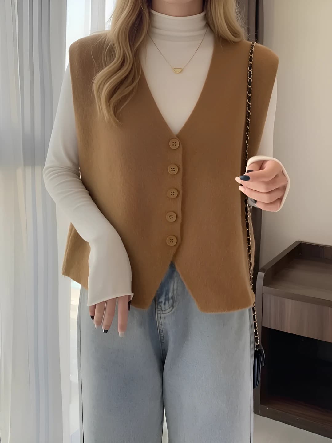 Women's spring-autumn sweater vest, crew neck, sleeveless, loose fit, solid colour, closure: single row of buttons