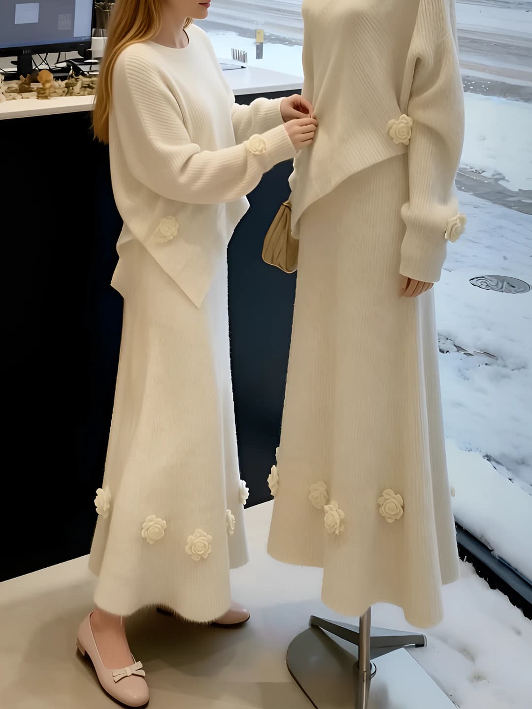 Women's knit two-piece set (top + long skirt), solid colour, slim fit, autumn-winter