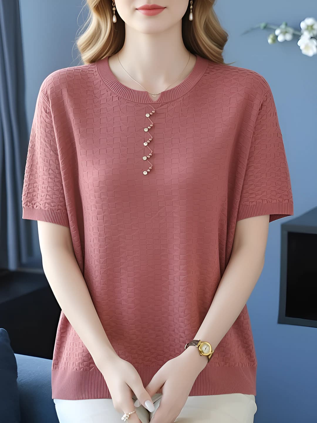 Women's summer crew neck short sleeve knit top, loose fit and slim fit, slimming solid colour t-shirt