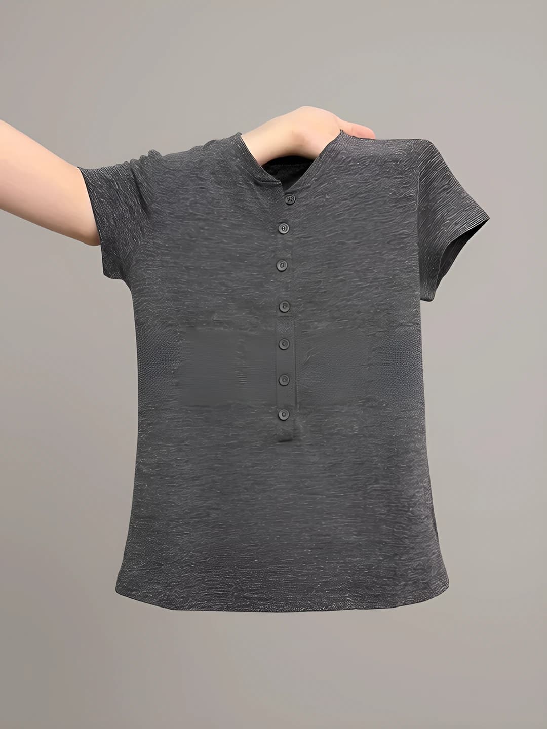 Women's dark grey short-sleeve t-shirt, slim fit, slimming, half-open collar, button-up, for spring-autumn