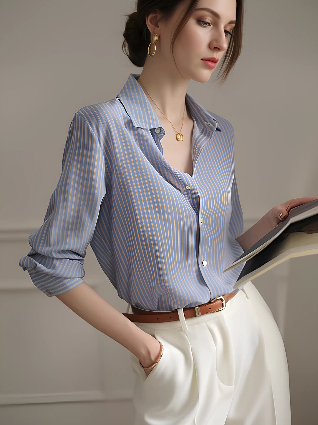 Women's striped long-sleeve loose fit shirt, POLO collar, silk, 70-80% polyester, spring-autumn 2026